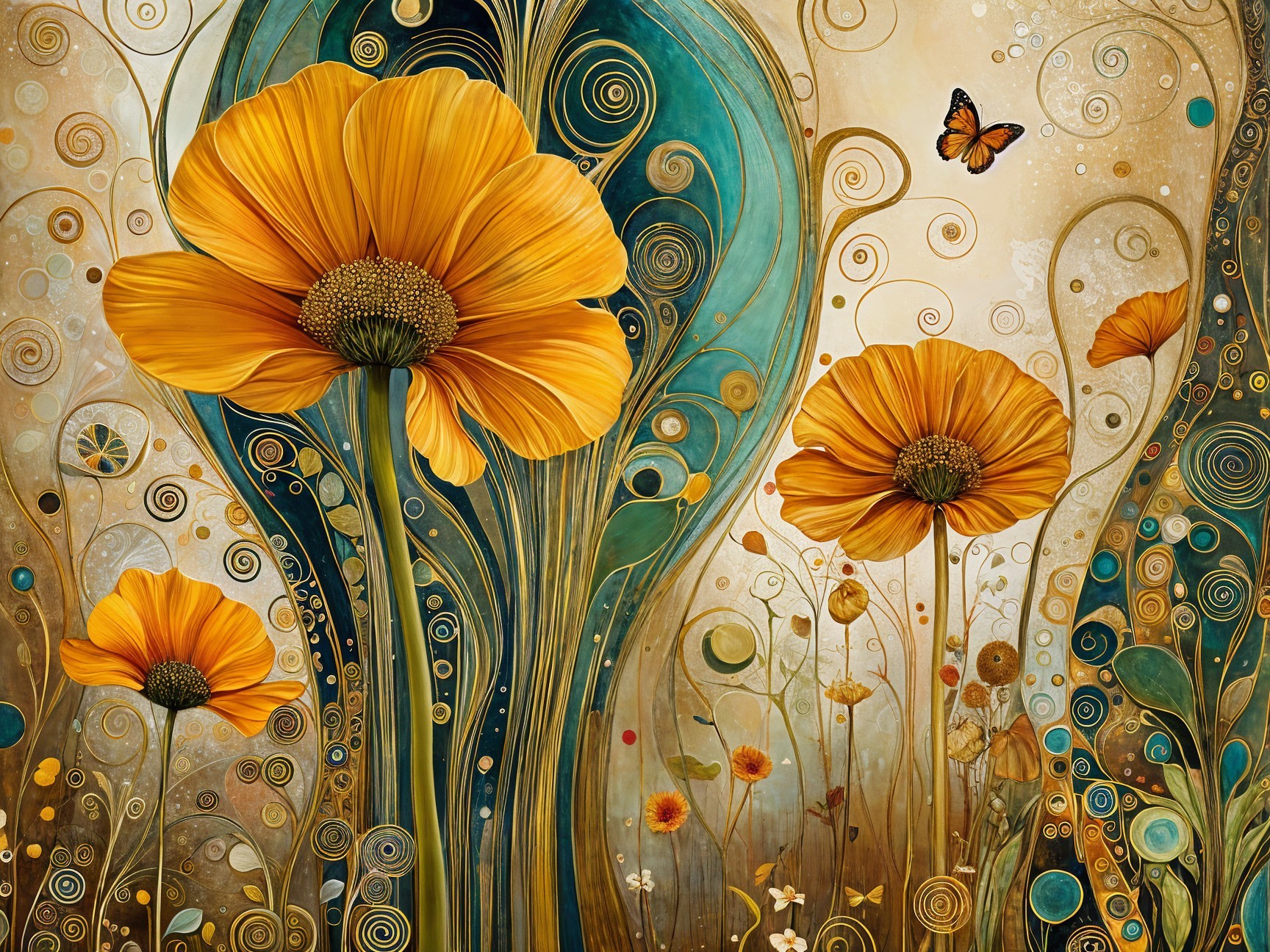 Vibrant Artwork of Yellow Flowers and Turquoise Patterns