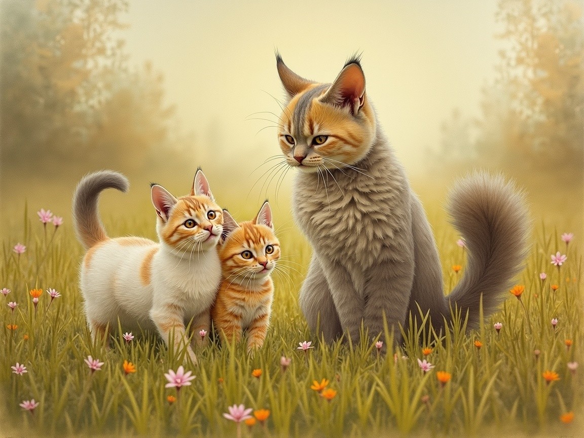 Cats in a Meadow Surrounded by Wildflowers