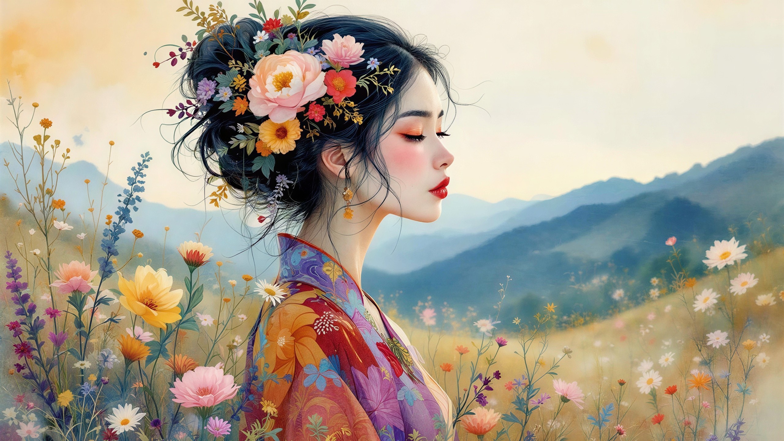 Digital Painting of Asian Woman in Floral Kimono