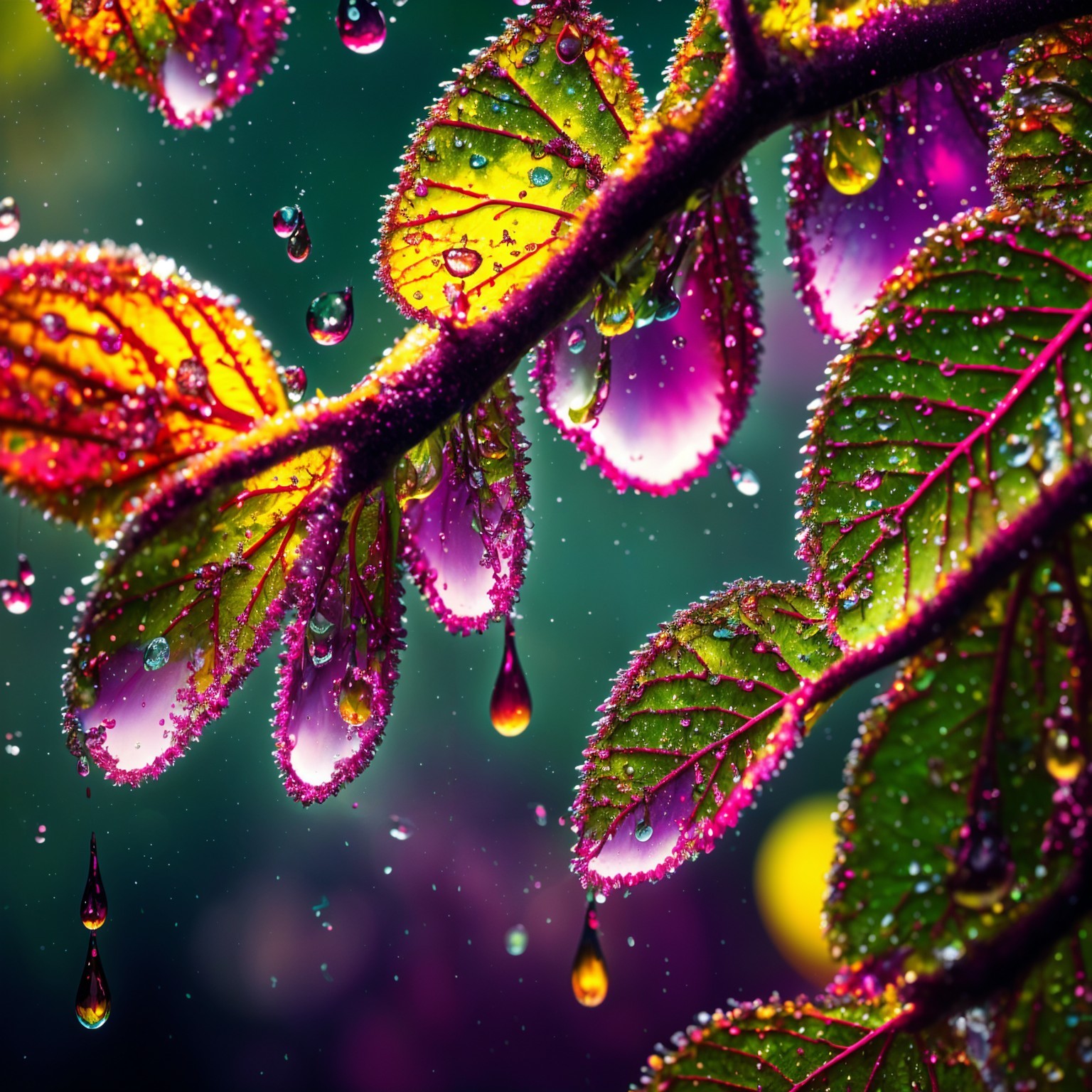 Close-Up of Green Leaves with Colorful Water Droplets