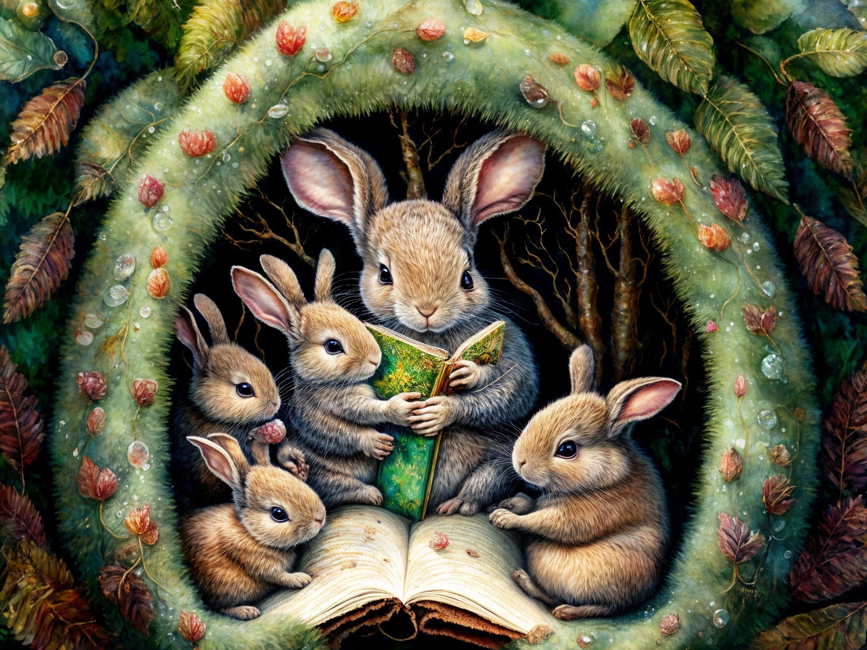 Wise Rabbit Reads to Young Bunnies in Enchanted Forest