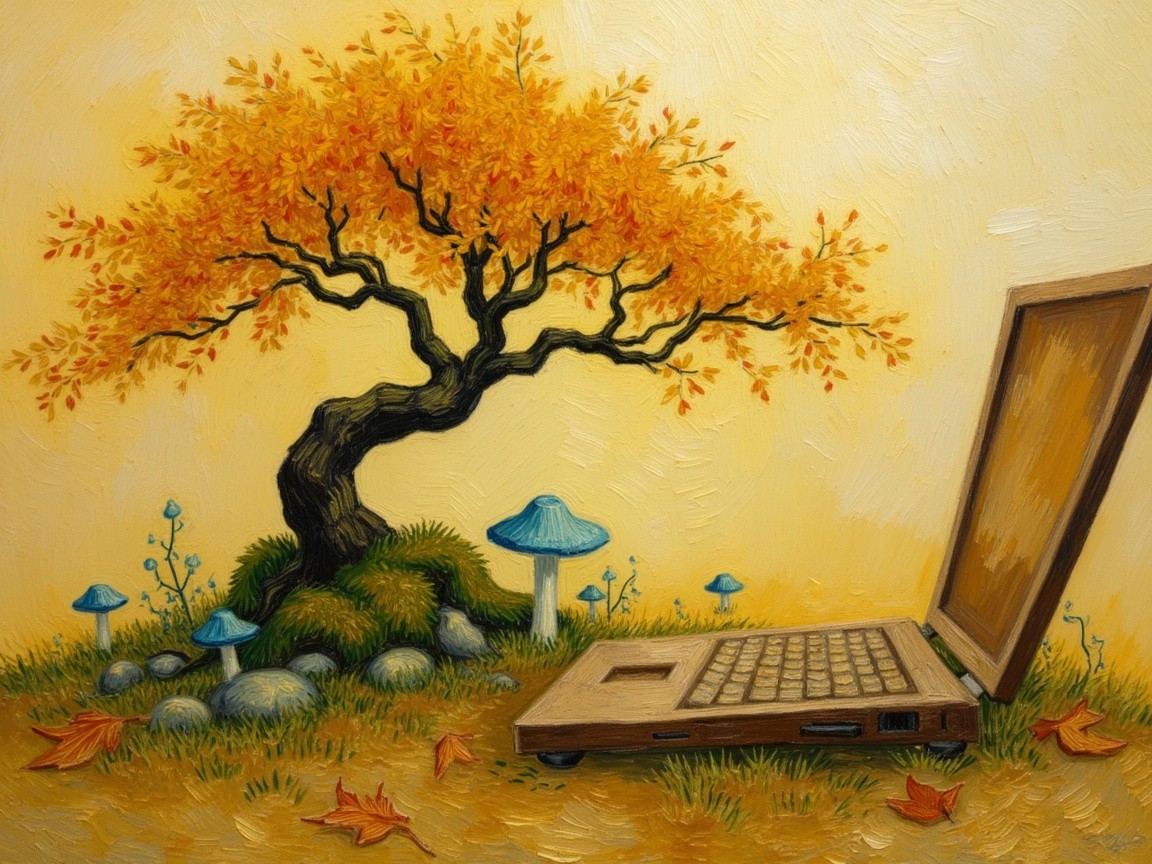 Whimsical Autumn Scene with Orange Tree and Laptop