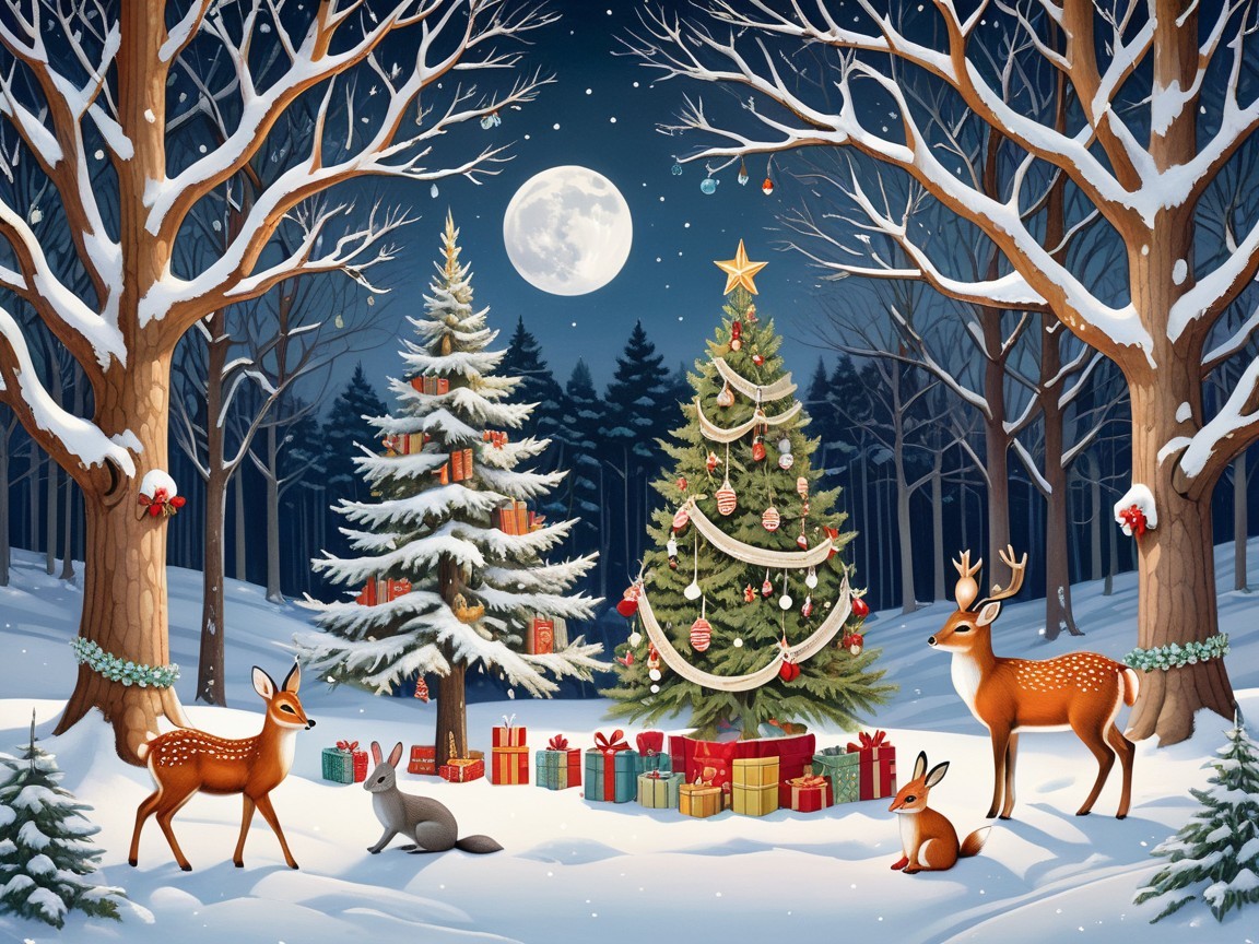 Snowy Winter Scene with Trees and Deer at Night