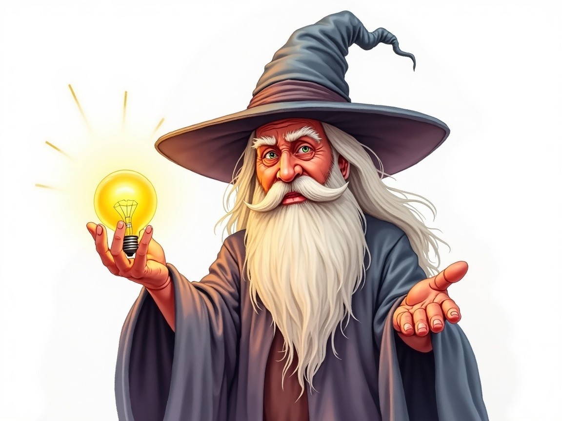 Wise Wizard with Light Bulb Symbolizing Knowledge