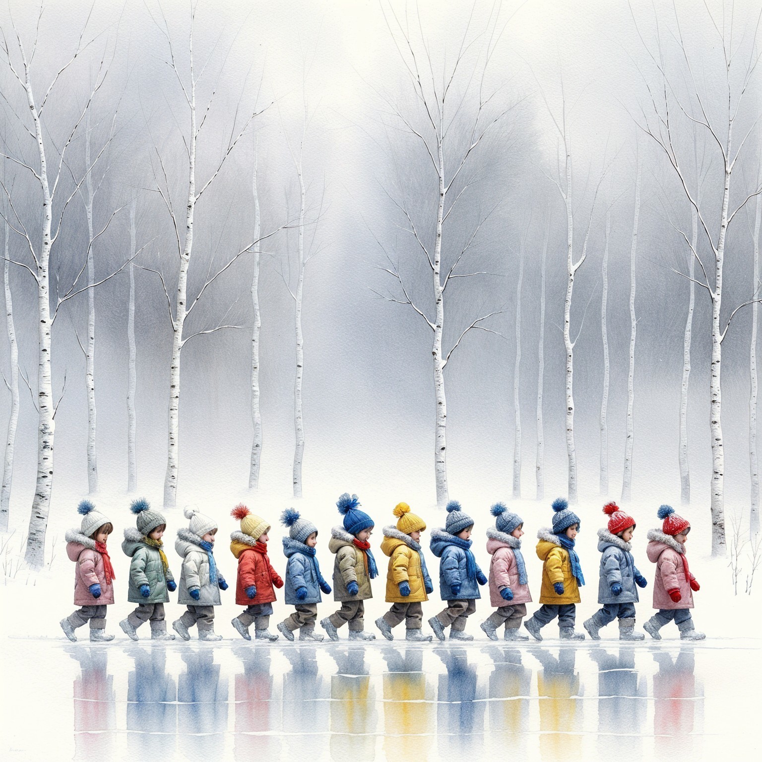 Children in Colorful Coats Walking in Snowy Landscape