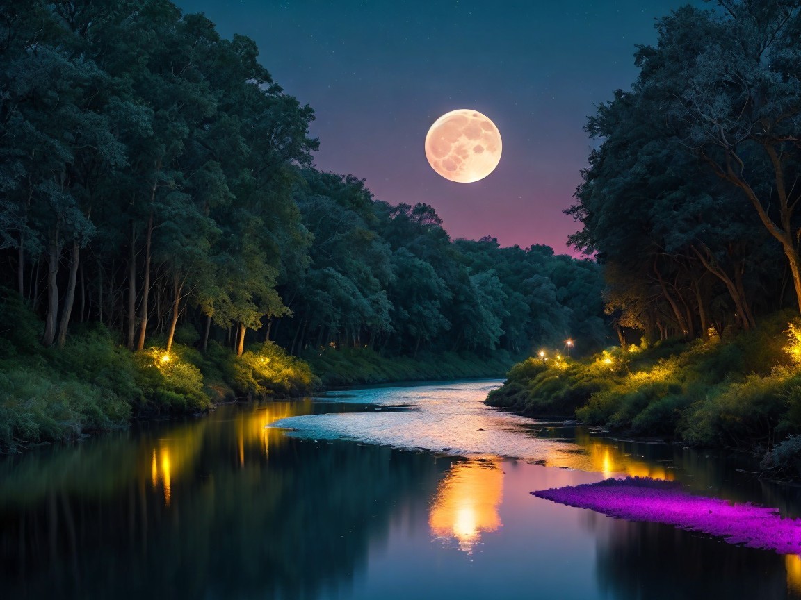 Tranquil River Under Moonlight with Lush Trees