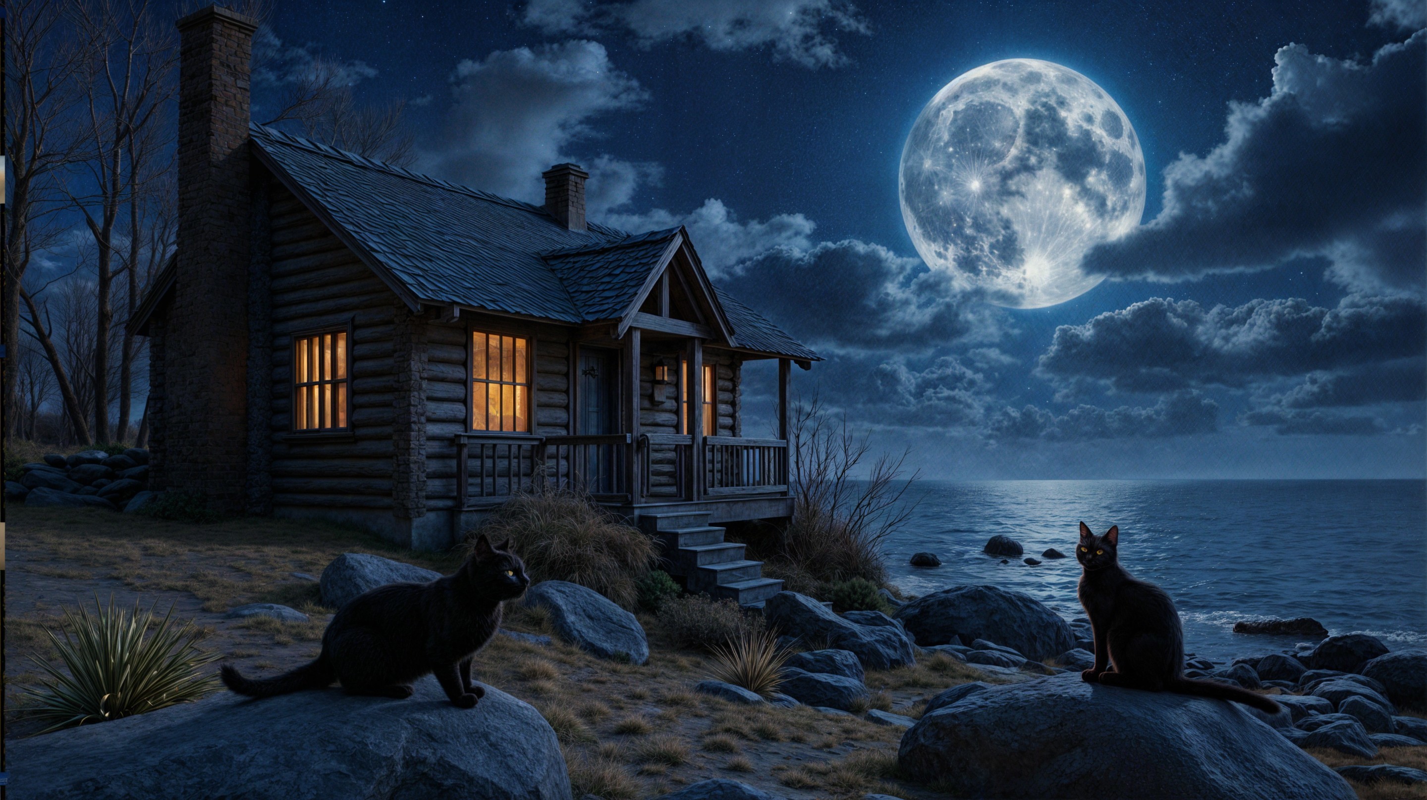 Cozy Log Cabin by Moonlit Lake with Cats