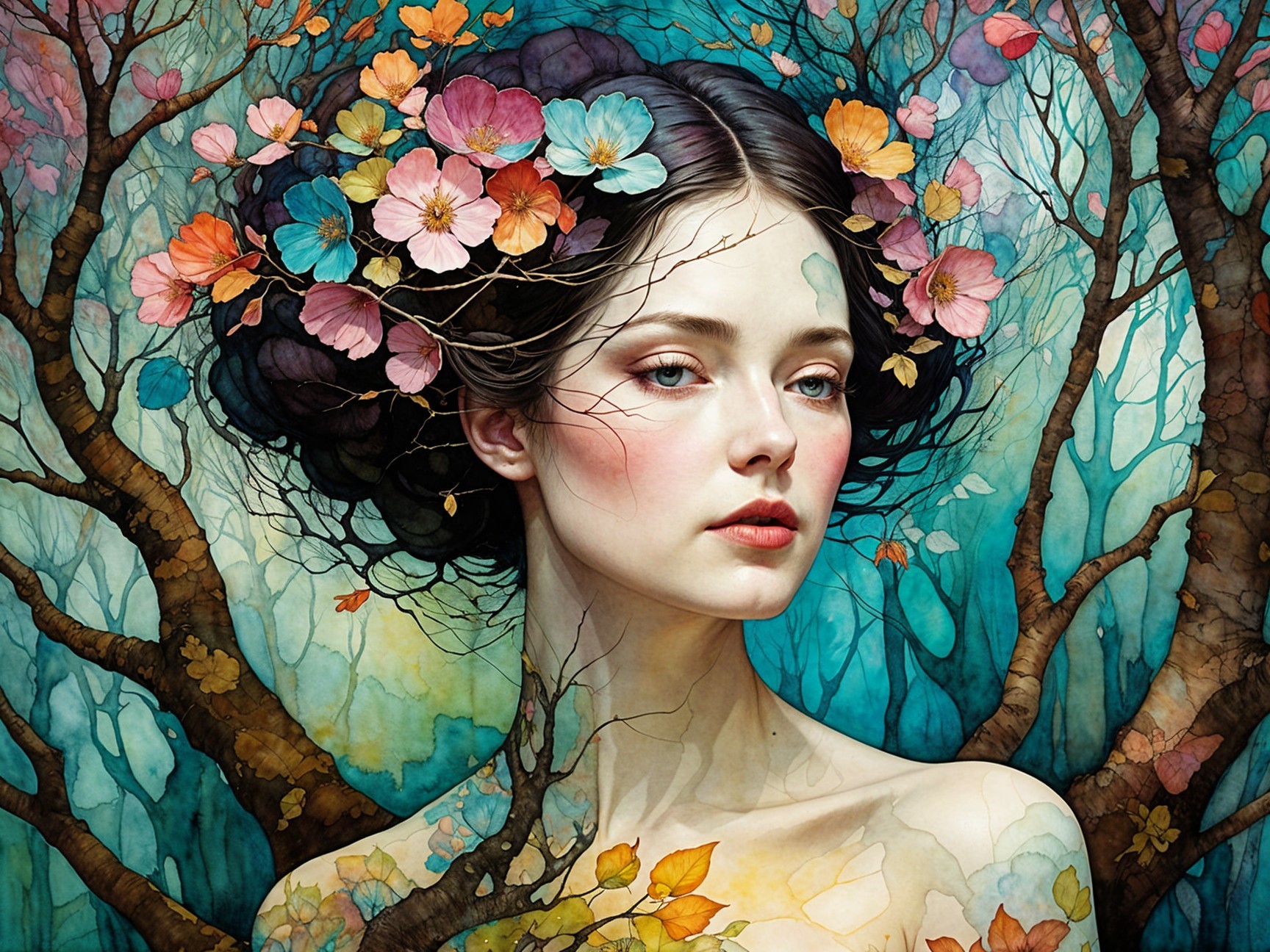 Portrait of a Woman with Floral Crown in Nature