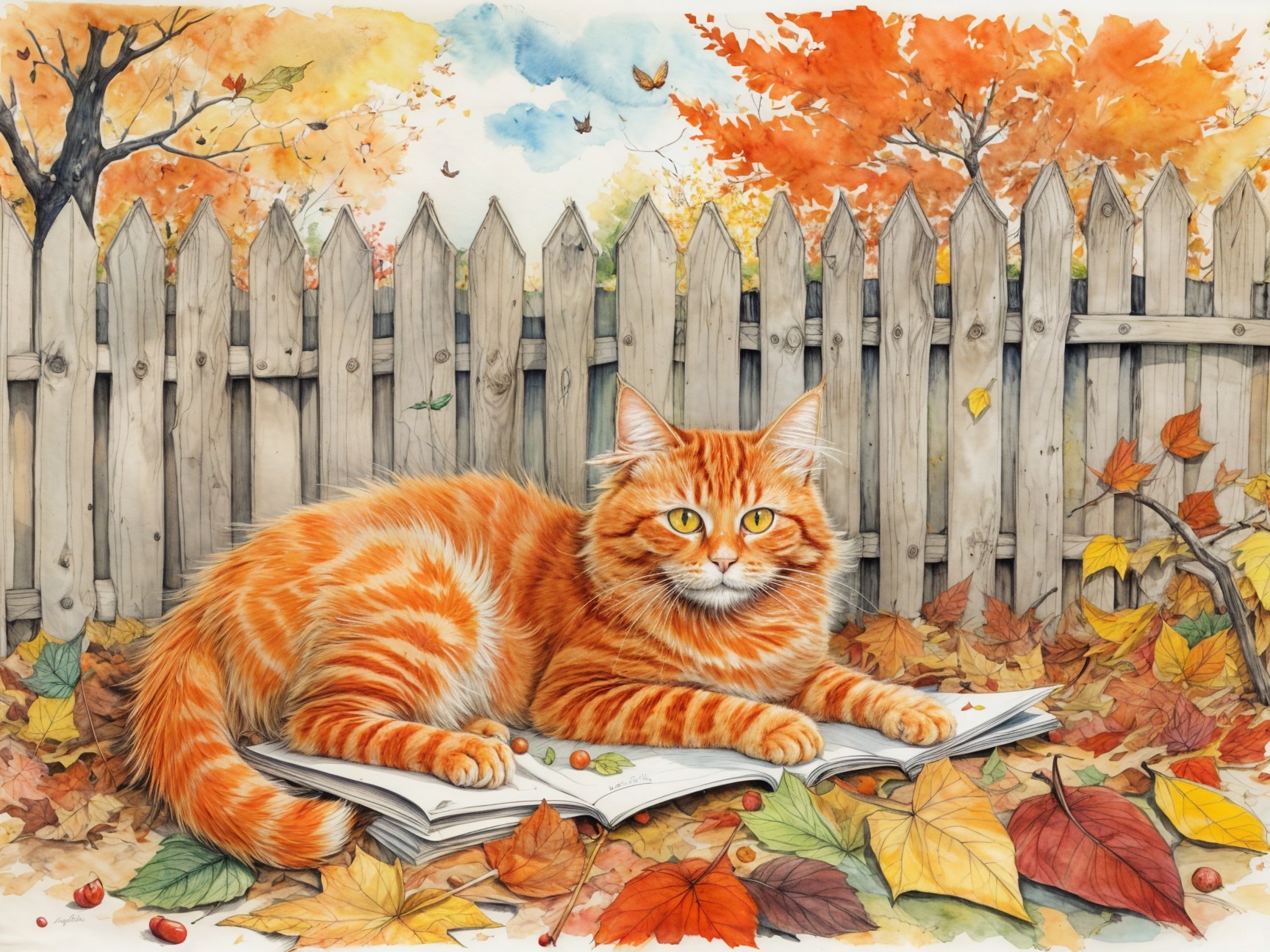 Fluffy Orange Tabby Cat on Book in Autumn Setting