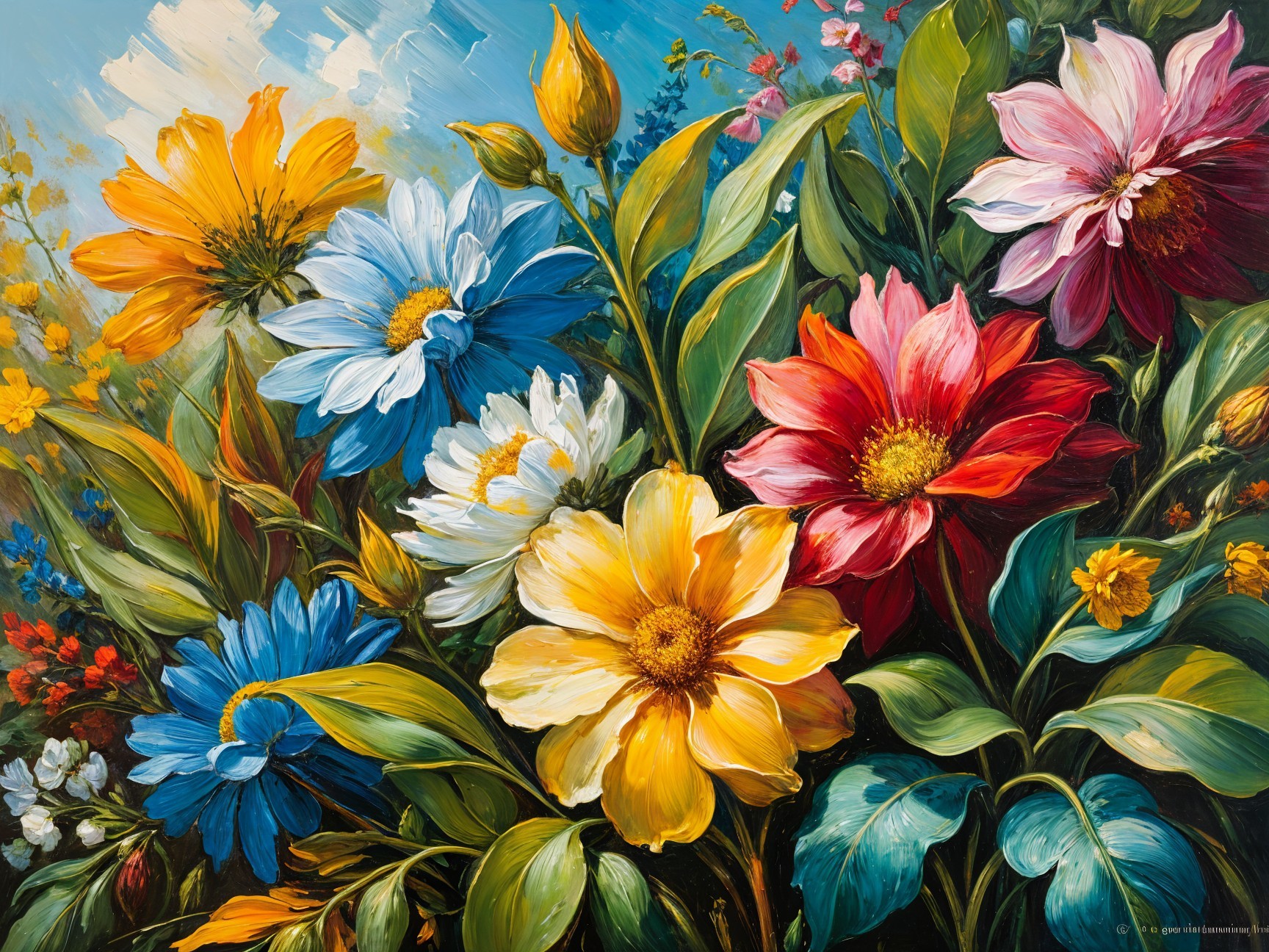 Vibrant Flower Bouquet Against Bright Blue Sky