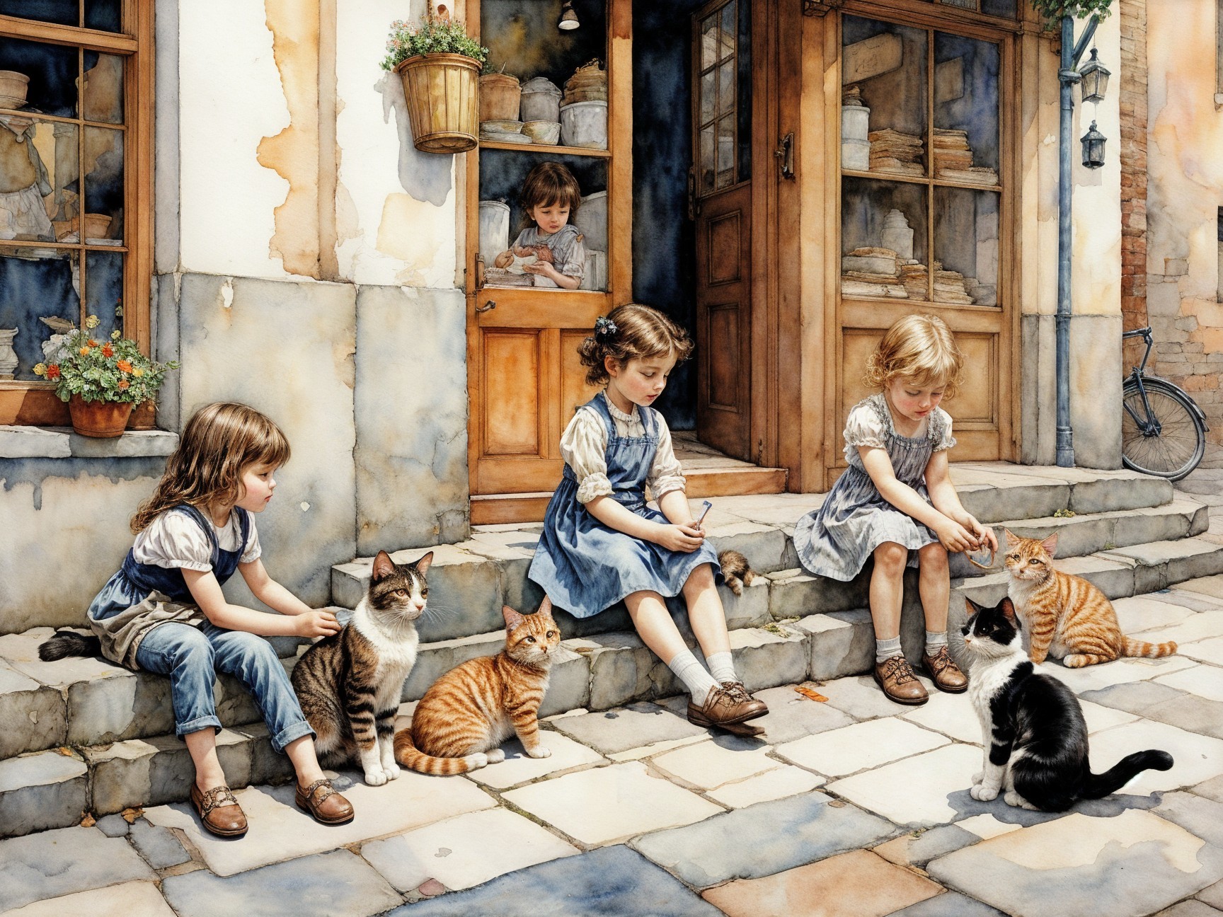 Young Girls and Cats in a Charming Street Scene