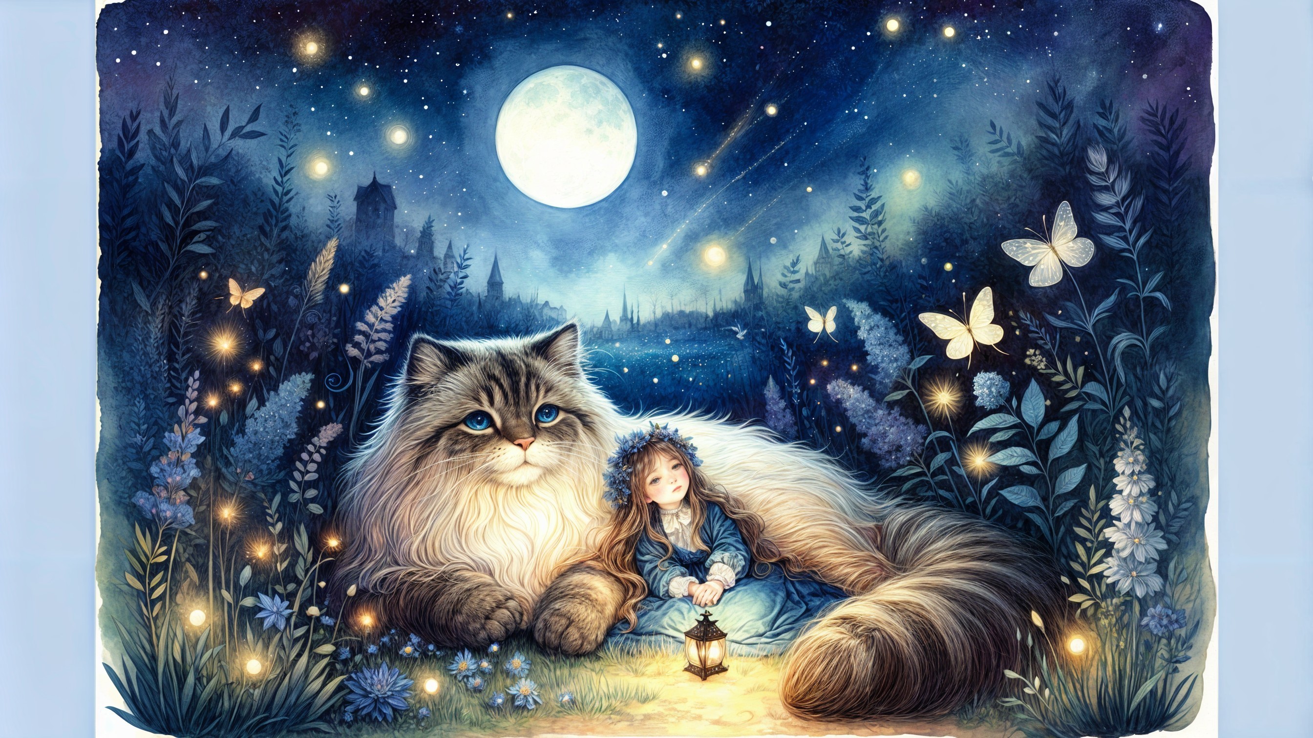 Whimsical Moonlit Landscape with Cat and Girl