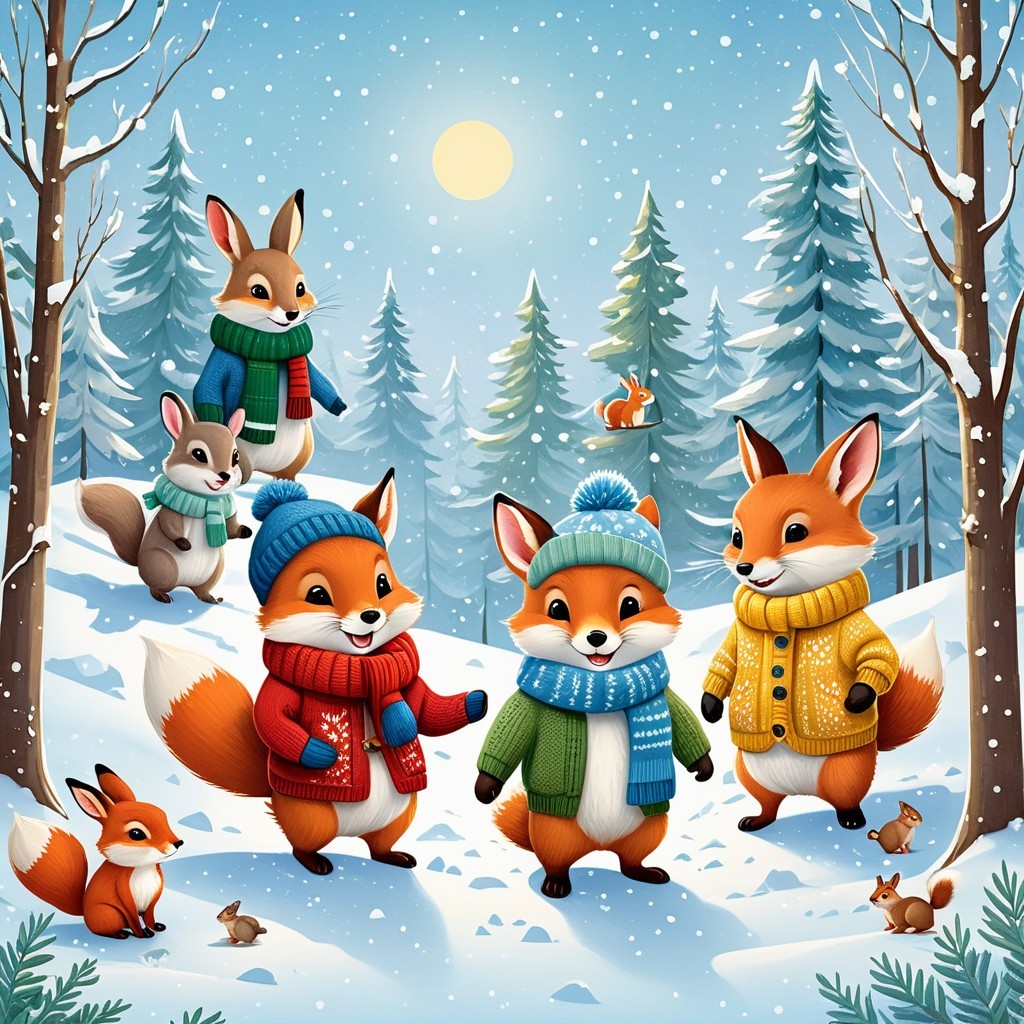Winter Scene with Foxes and Rabbit in Sweaters