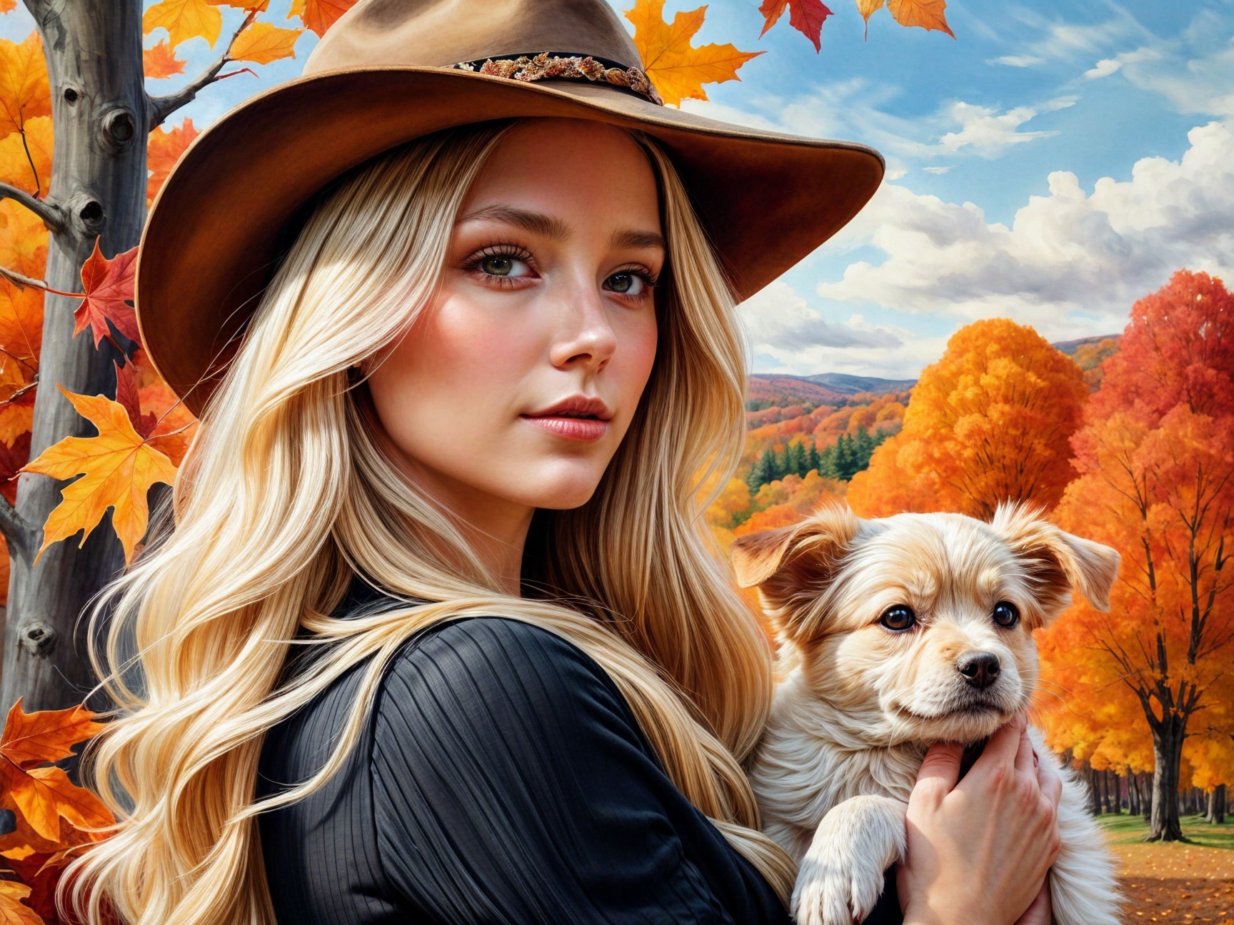Young Woman with Puppy in Autumn Landscape