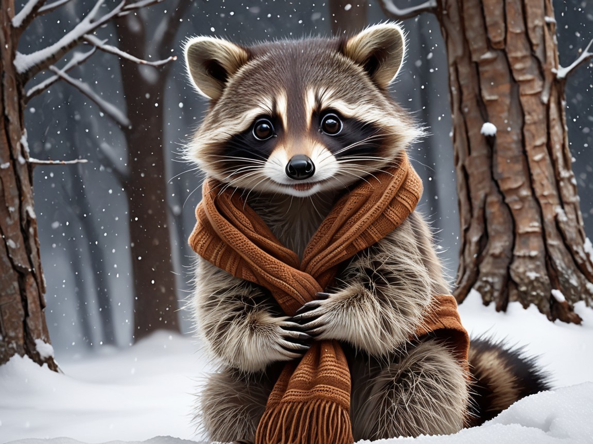 Raccoon in Scarf Among Snowy Trees in Winter Scene