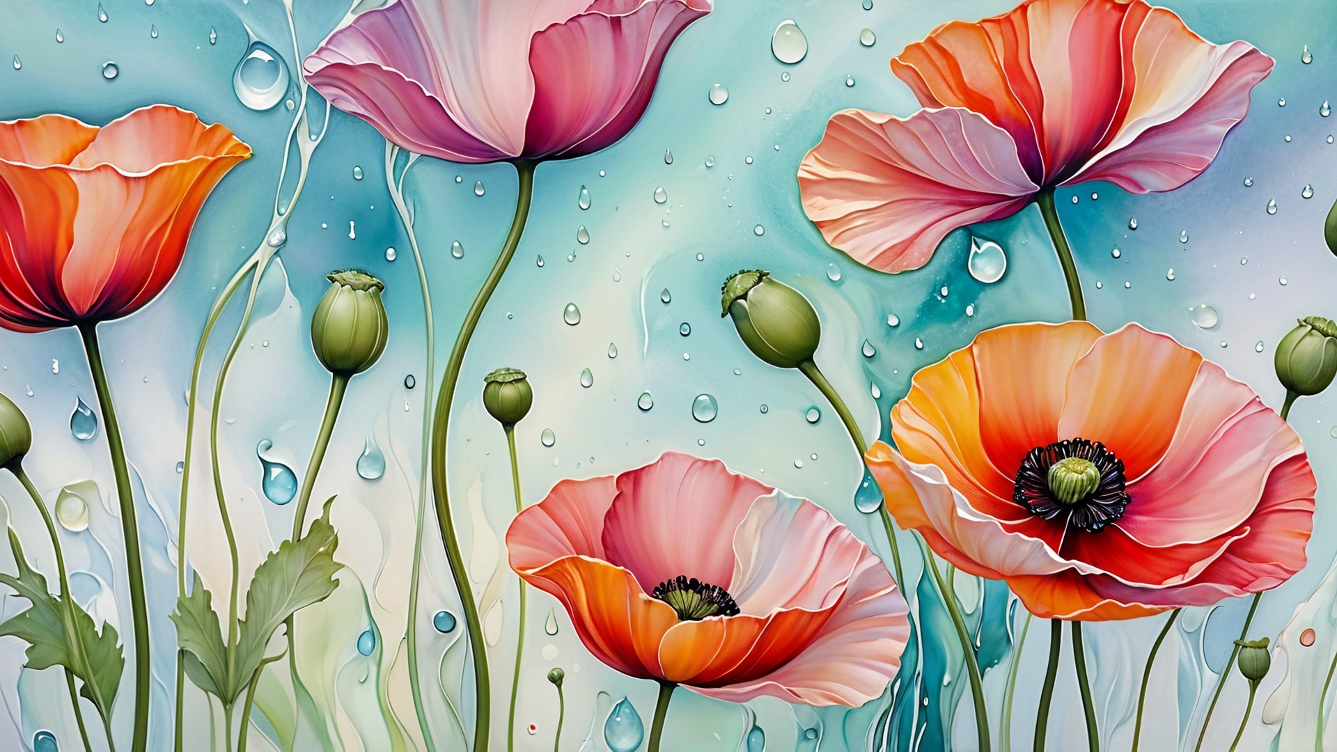 Vibrant Poppies in Pink, Orange, and Red Against Turquoise