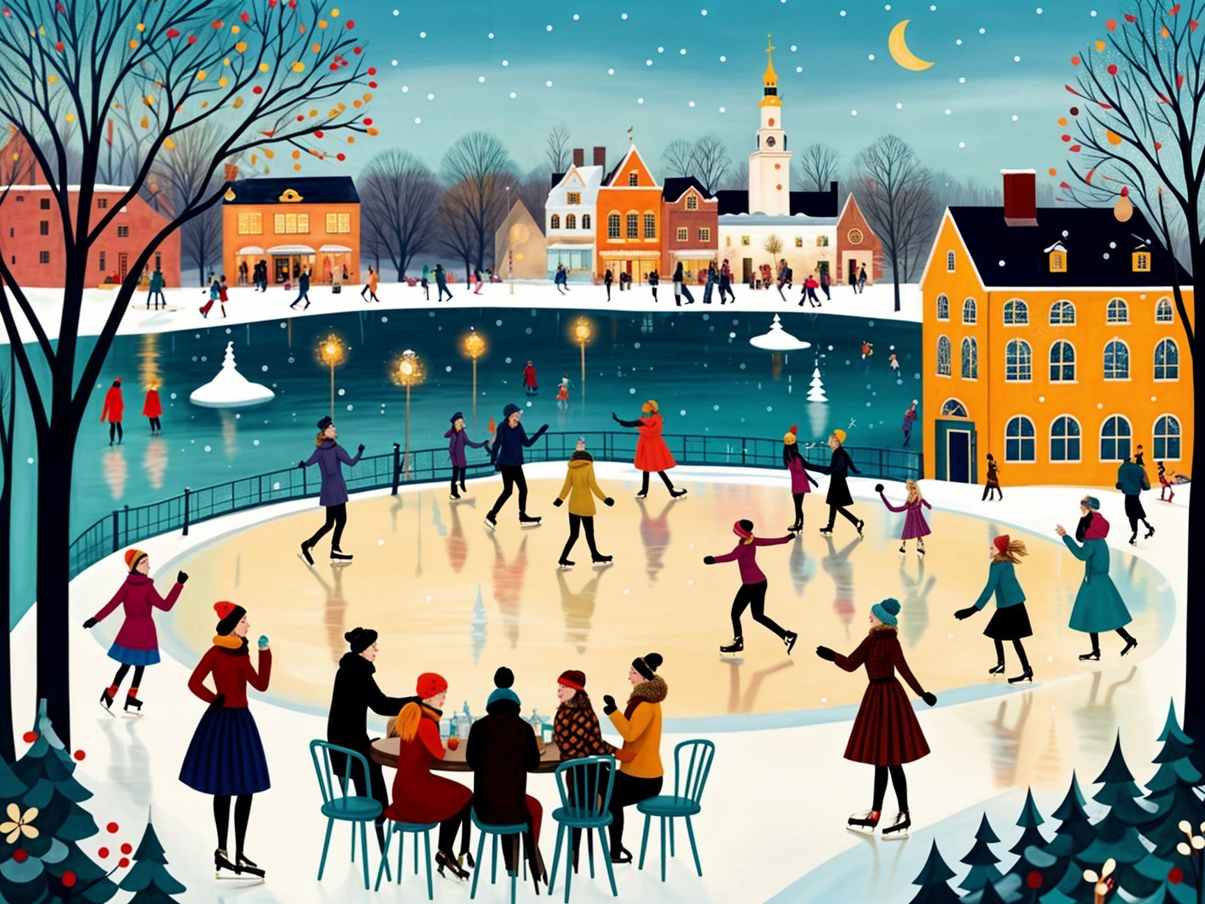 Vibrant Winter Scene with Ice Skating and Cozy Homes
