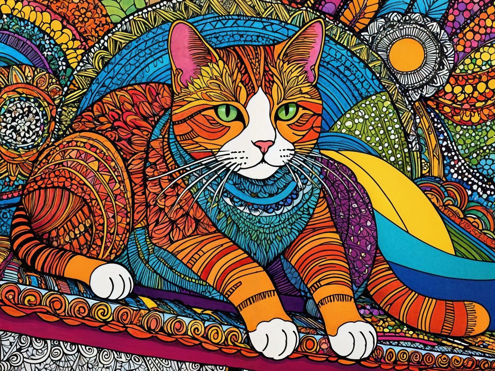 Vibrant Illustration of a Striped Cat on Colorful Background