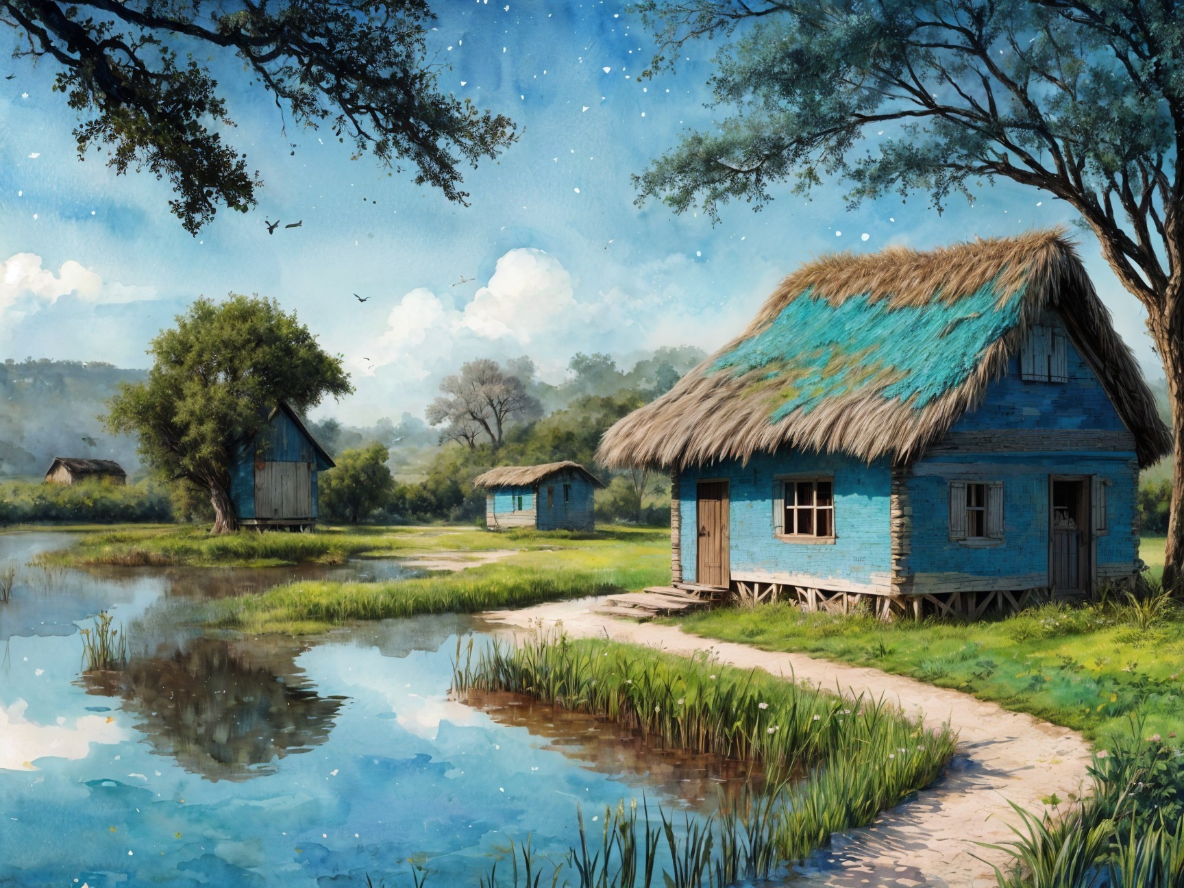 Tranquil Landscape with Blue Cottages and Lush Greenery