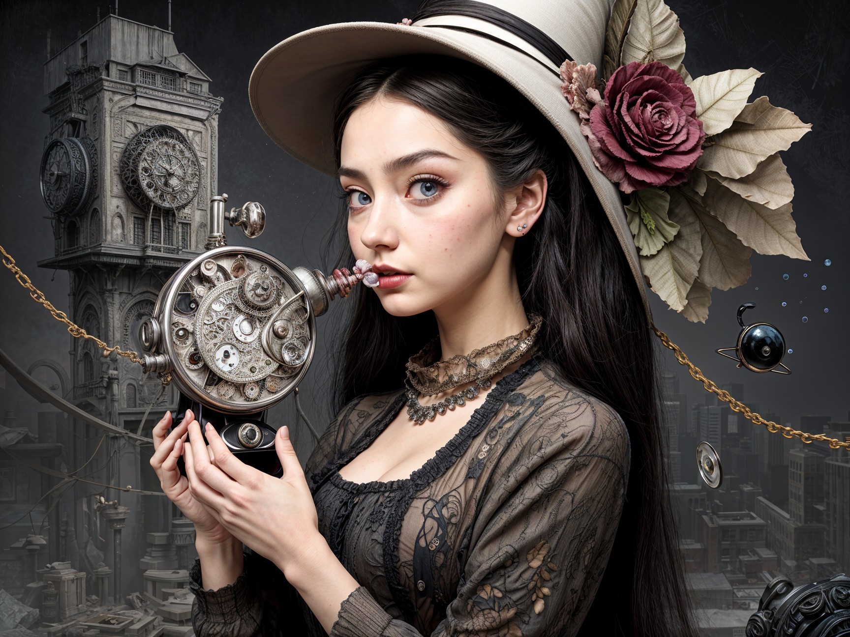 Vintage Outfit with Steampunk Device in Mechanical City