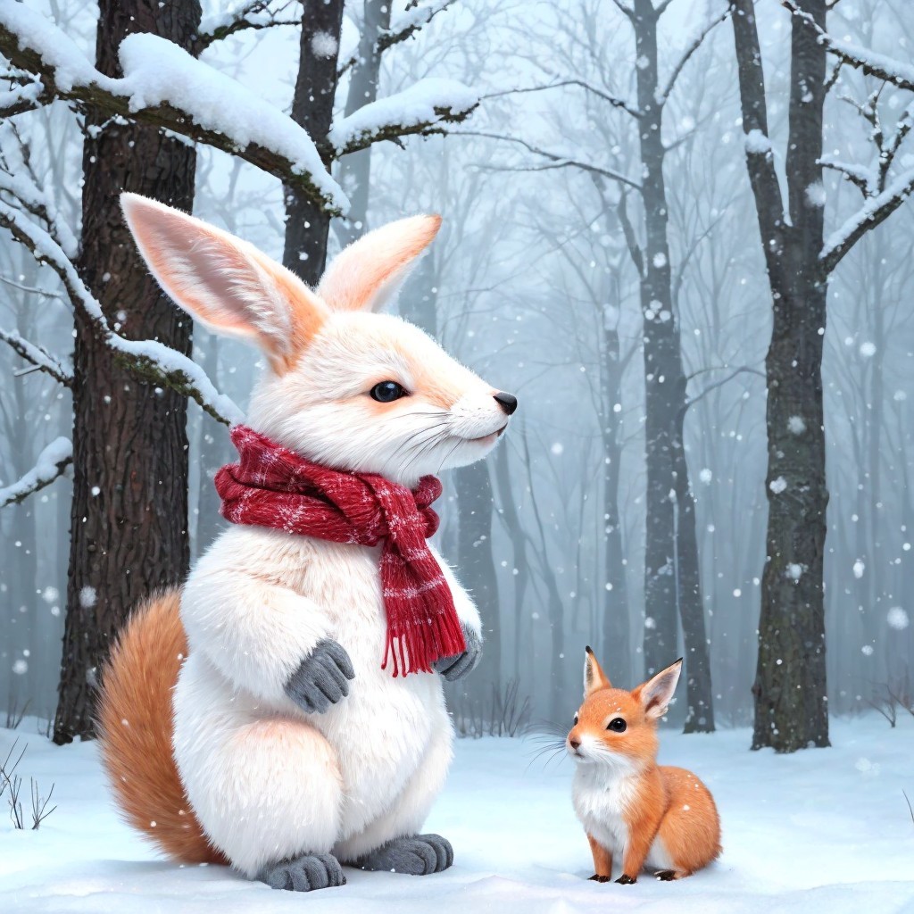 Fluffy White Rabbit and Orange Fox in Snowy Forest