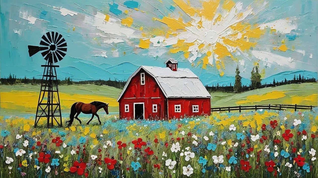Vibrant Rural Landscape with Barn, Horse, and Windmill