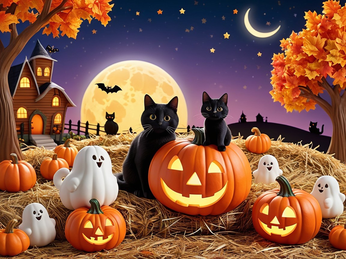 Whimsical Halloween Scene with Cats and Pumpkins