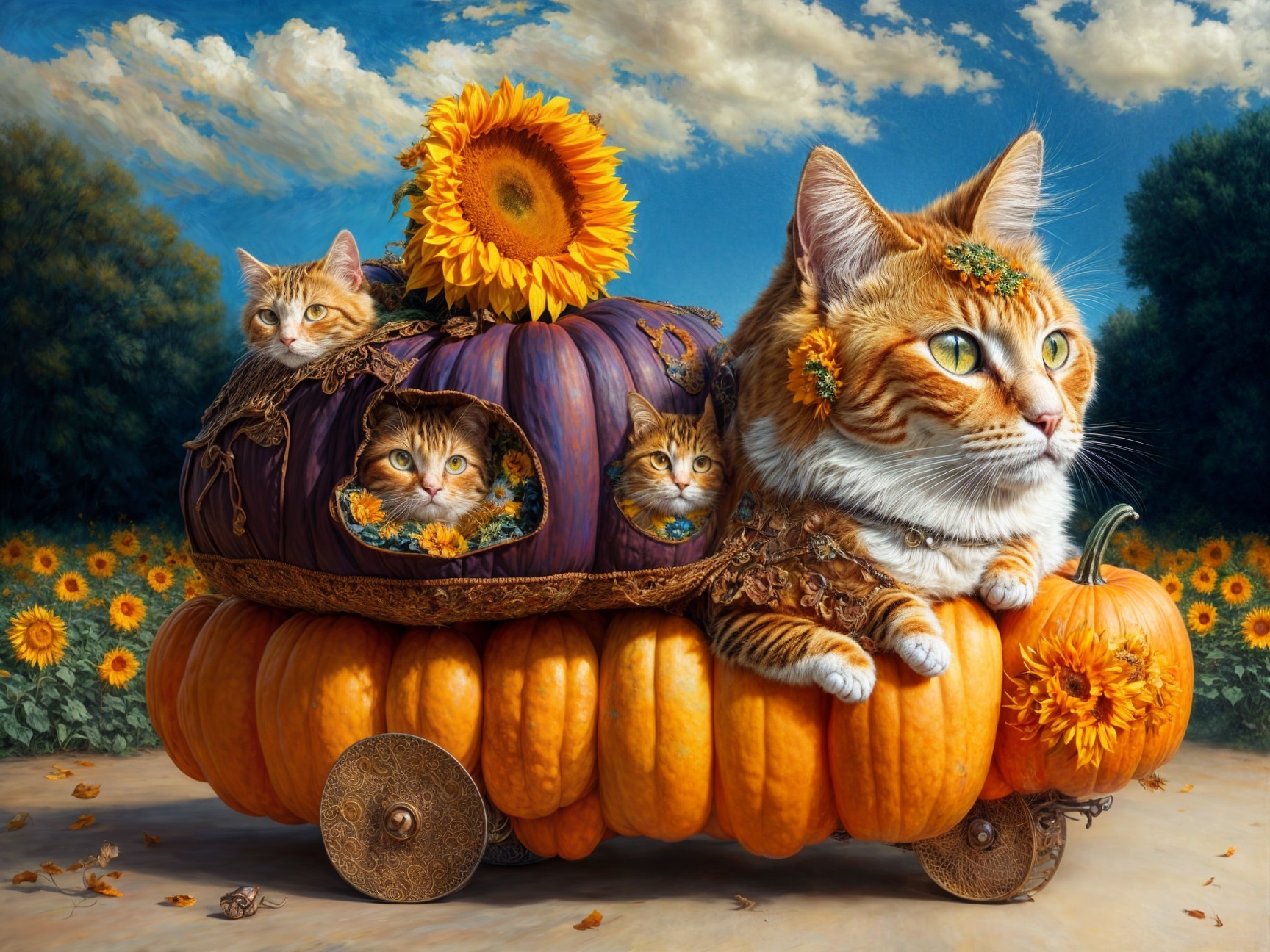 Regal Cat on Pumpkin Carriage with Playful Kittens