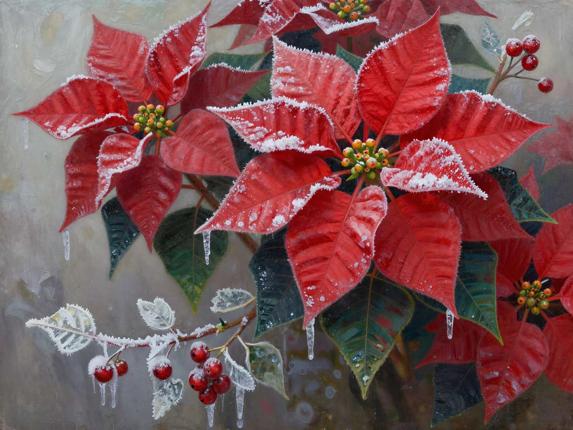 Close-Up of Frosted Poinsettia and Winter Berries