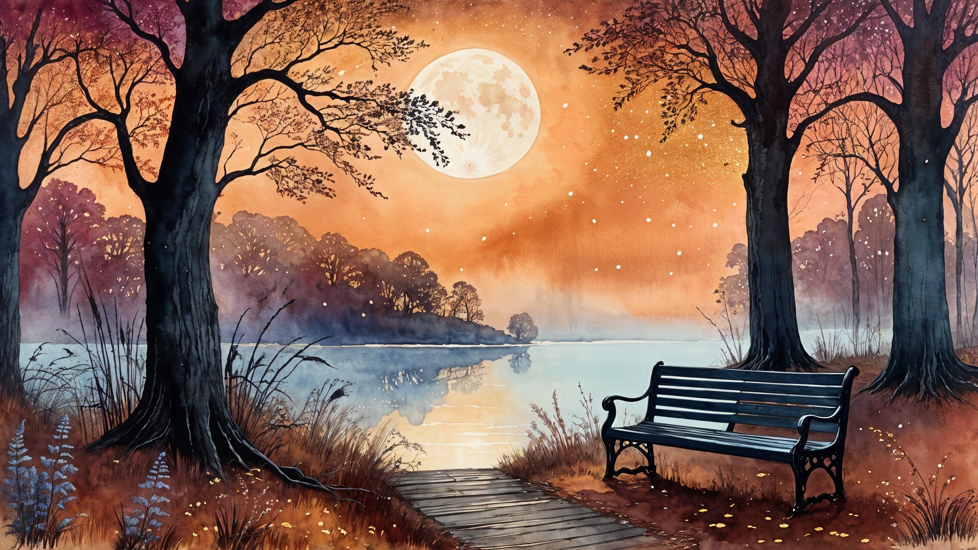 Twilight Lakeside Scene with Full Moon and Autumn Trees