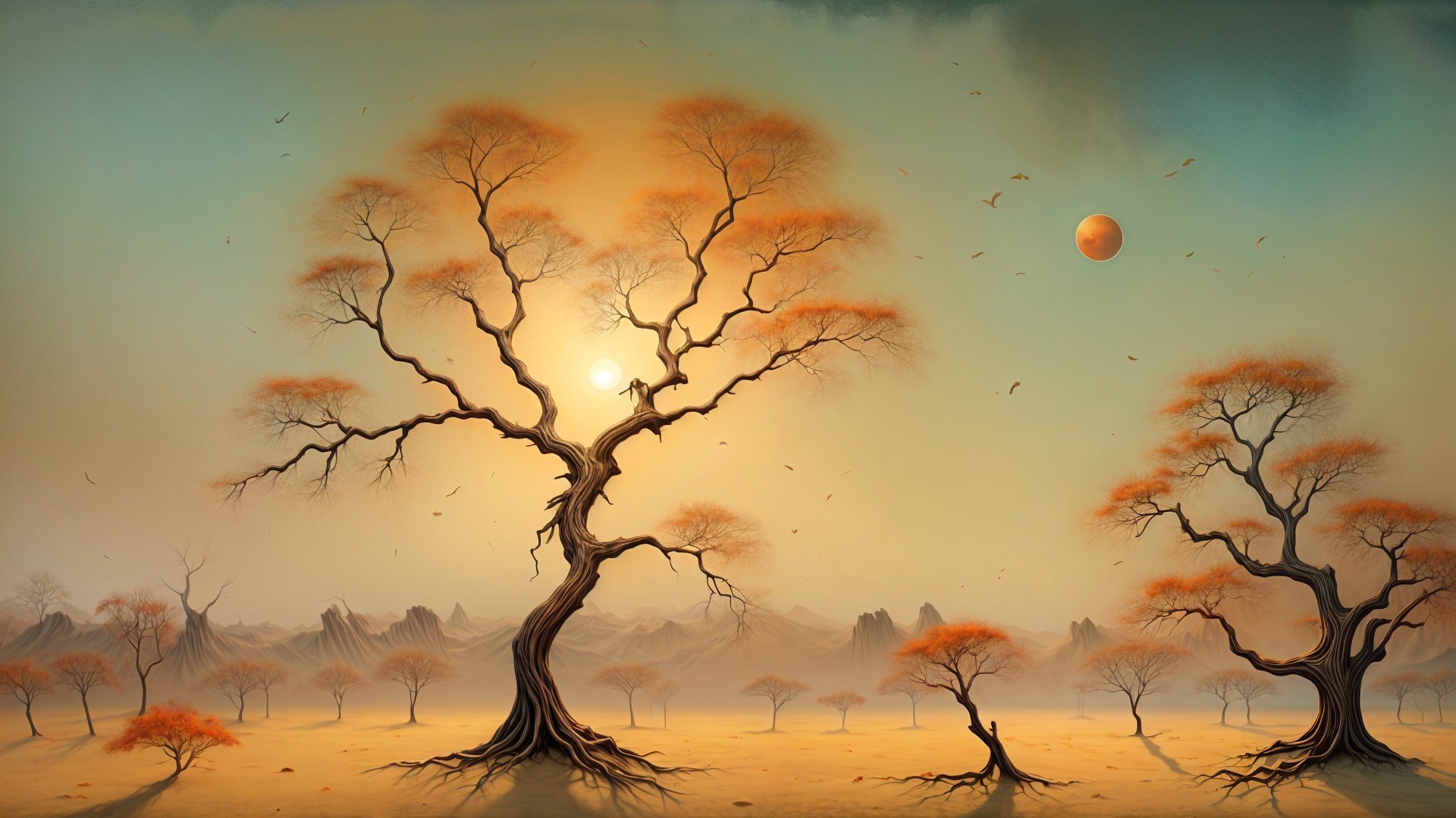 Surreal landscape with orange trees and twilight sky