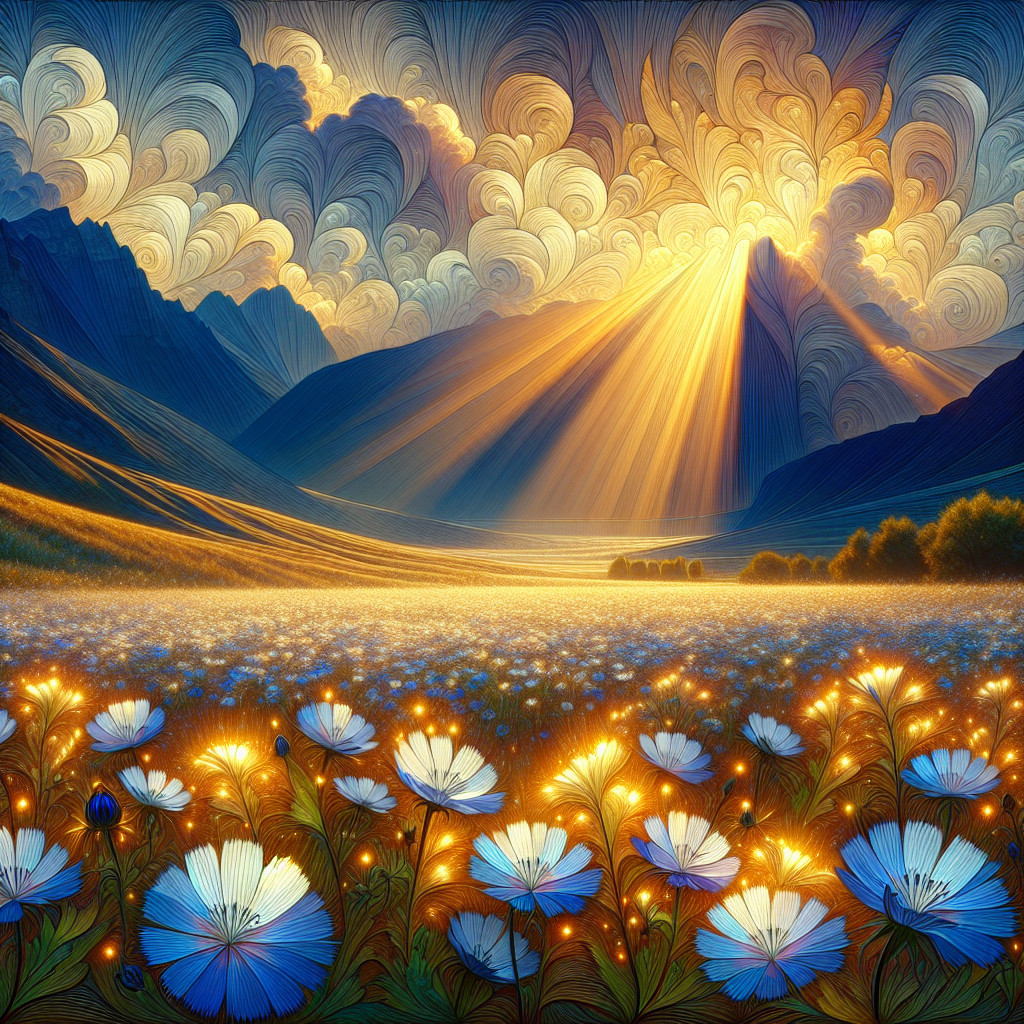 Majestic Mountains and Vibrant Sky with Blue Flowers