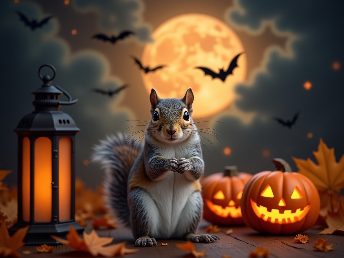 Squirrel in Autumn Leaves with Lantern and Pumpkins
