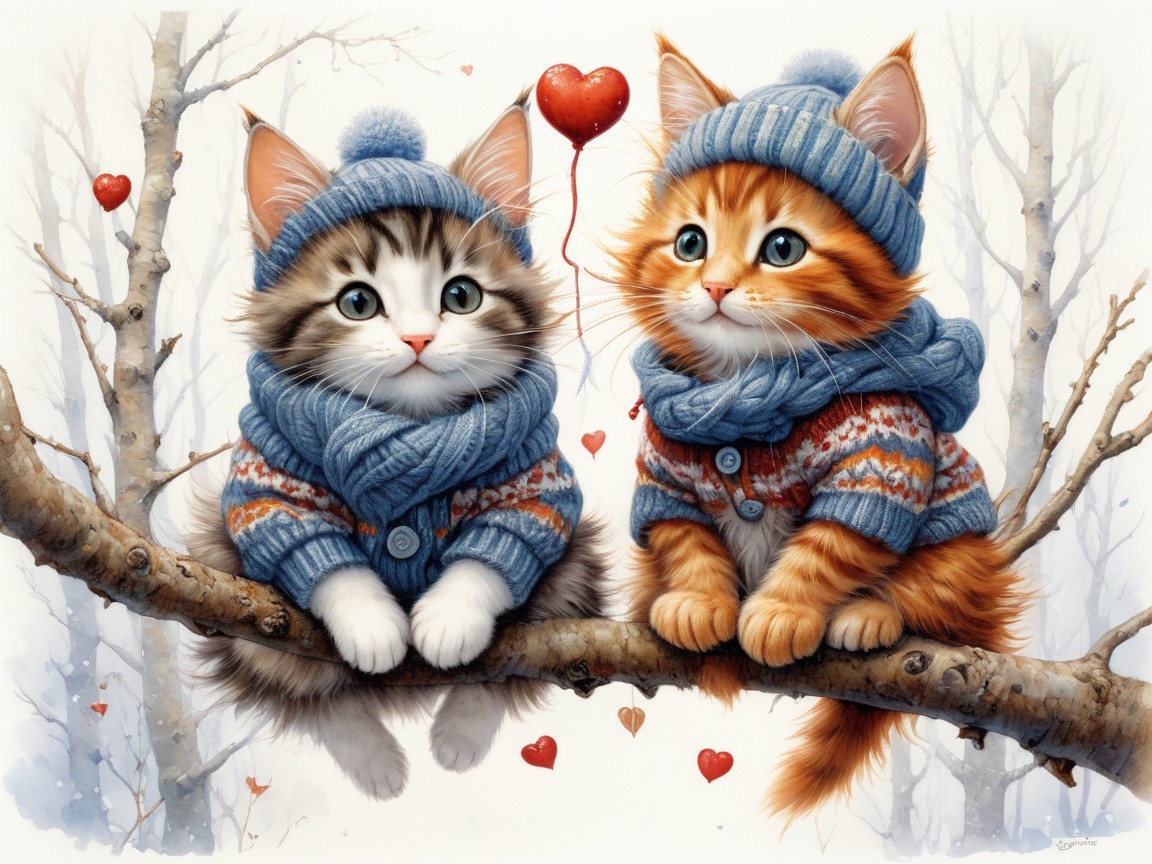 Kittens in Sweaters on Snowy Branch with Heart Balloon