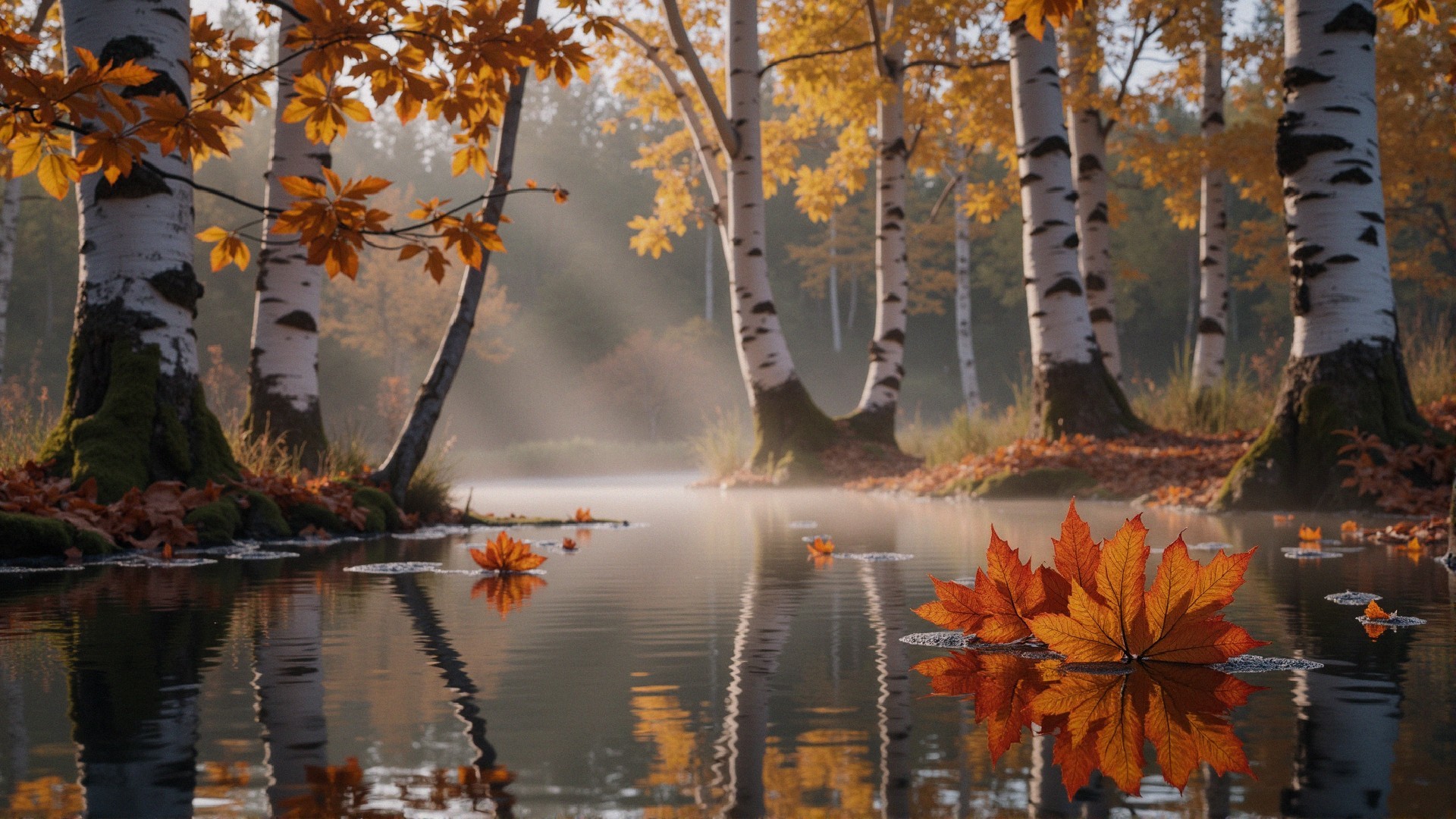 Autumn Landscape with Birch Trees and Calm Waters