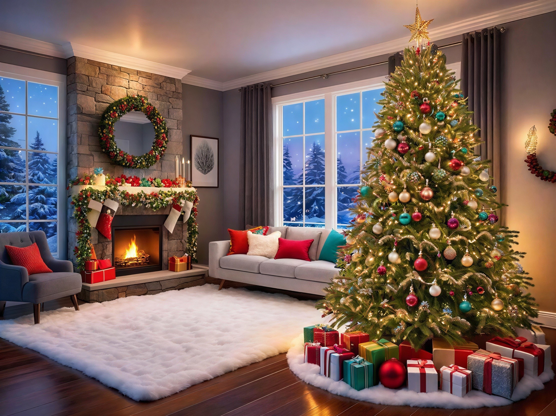 Cozy Christmas Living Room with Decorated Tree