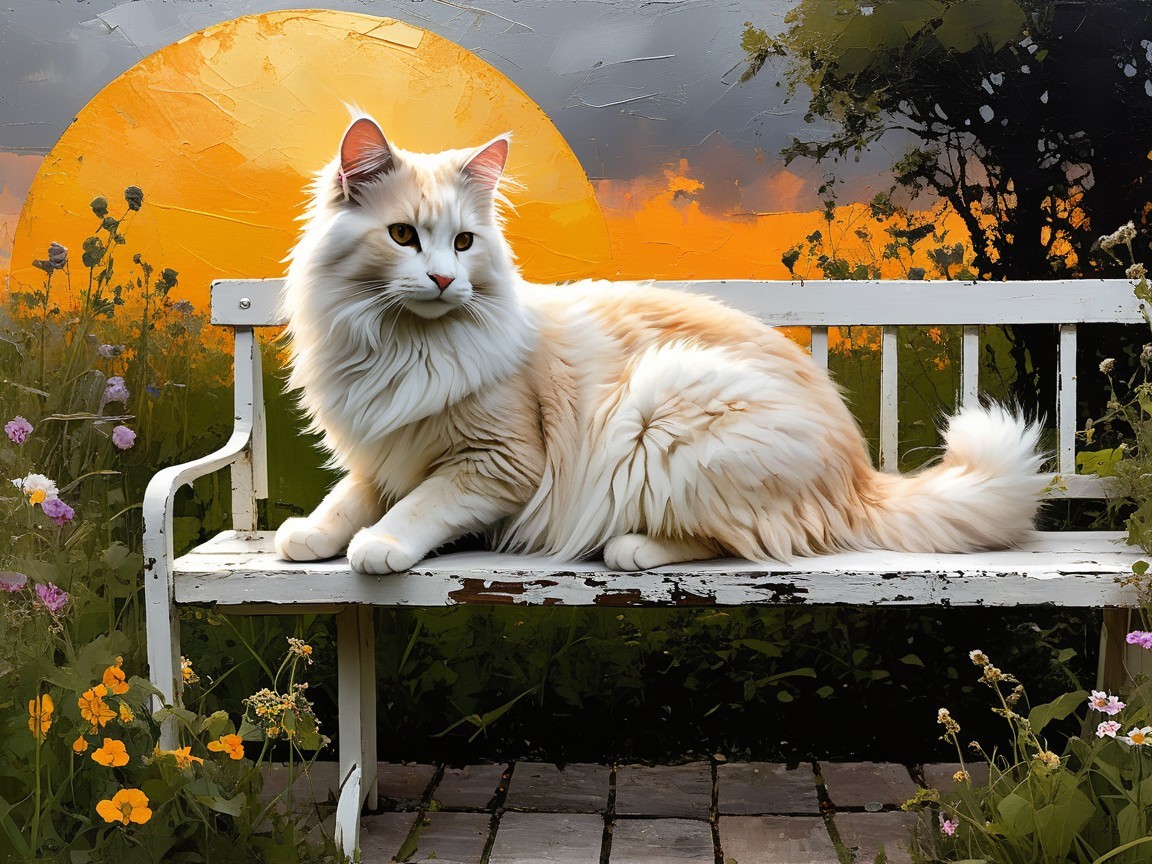 Cream Cat on White Bench at Sunset with Wildflowers