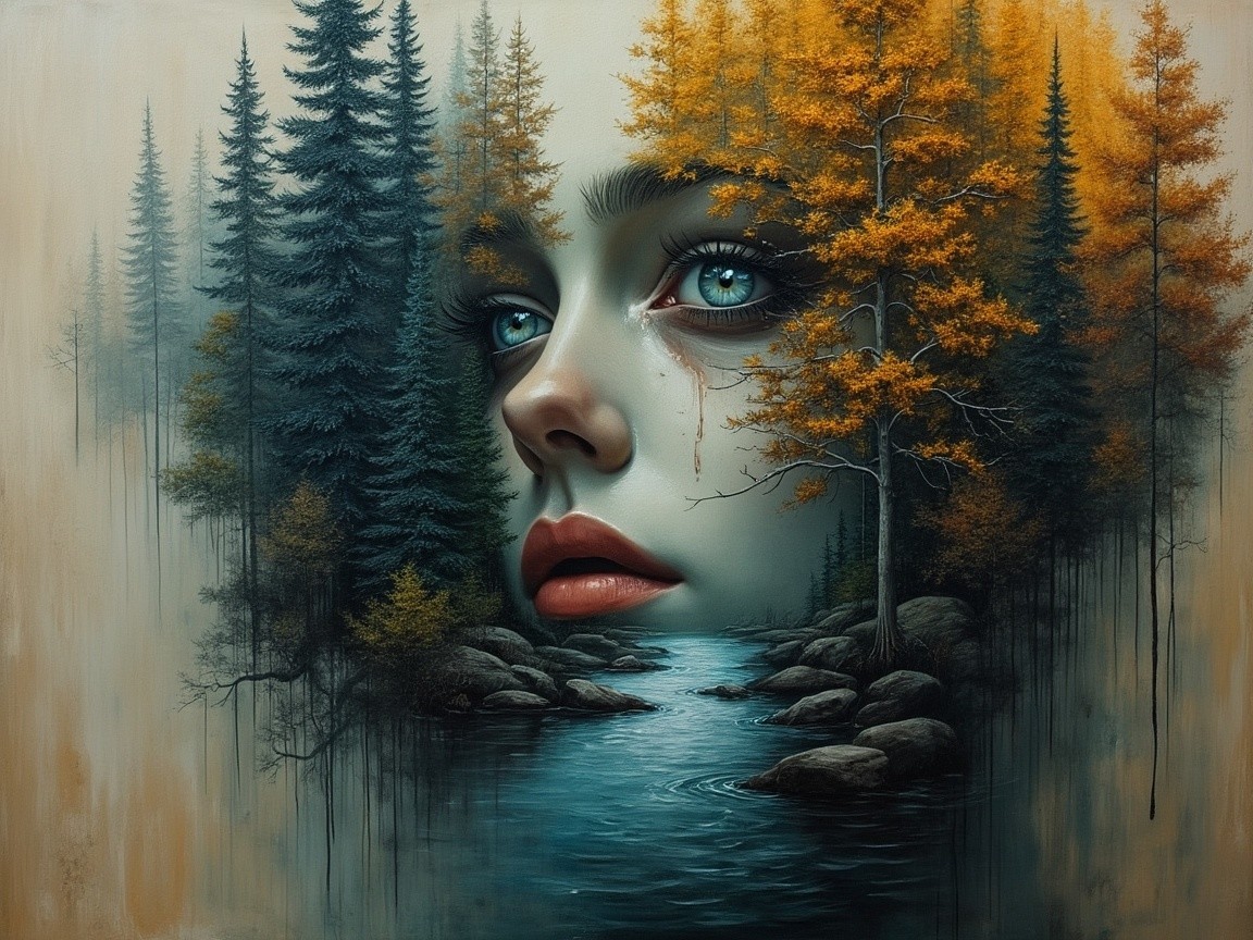 Surreal Landscape with Woman's Face and Emotions