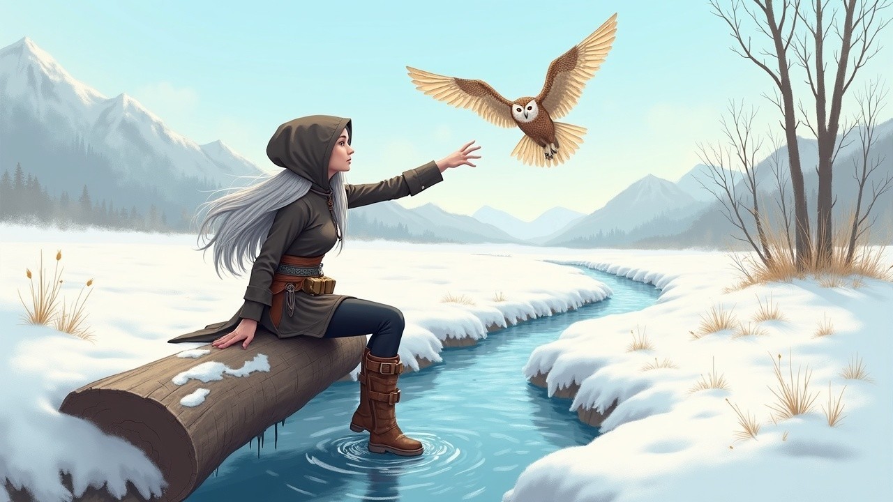 Winter Scene with Woman, Owl, and Snowy Mountains