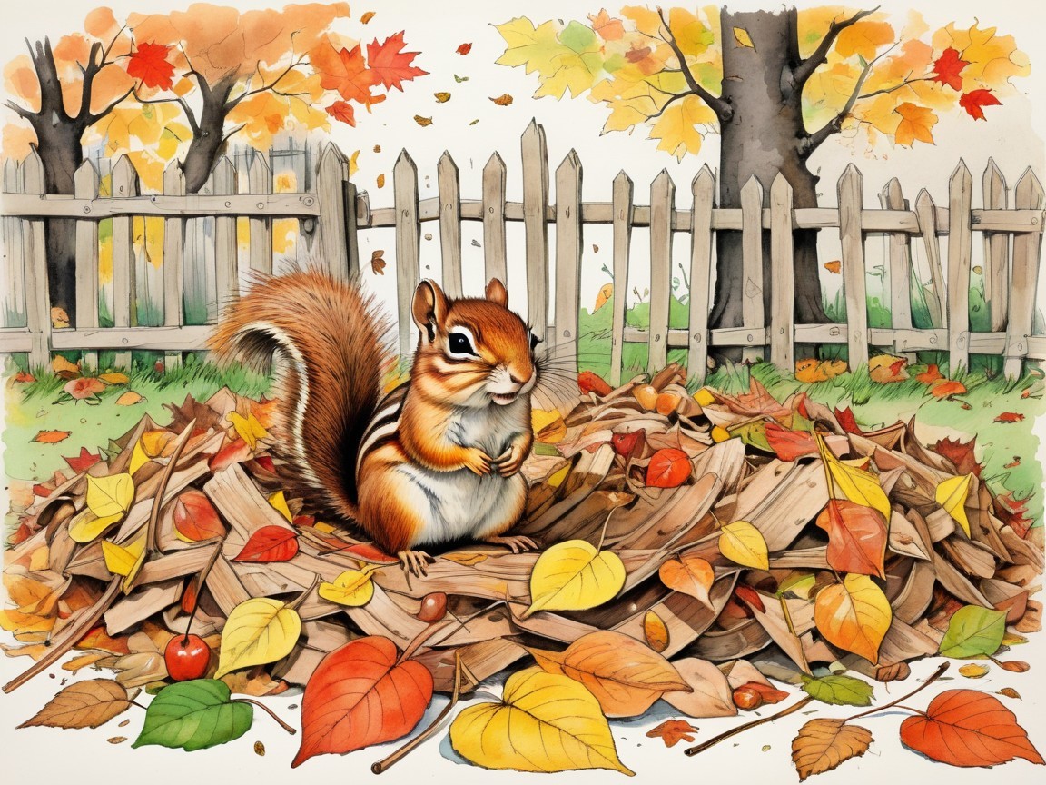 Chipmunk Among Colorful Autumn Leaves and Fences