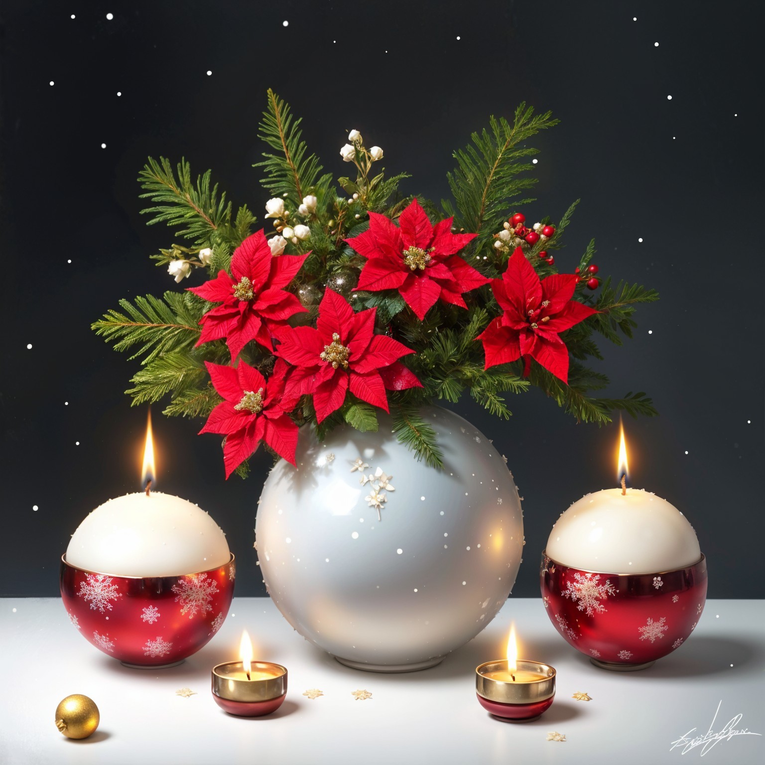 Festive Poinsettia Arrangement with Ornaments and Candles