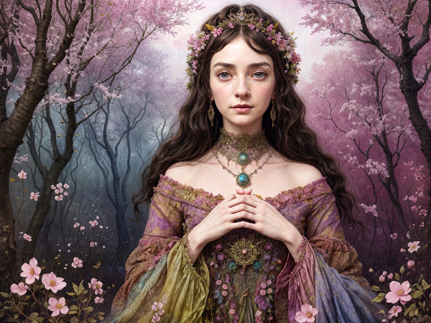 Young woman in colorful gown in cherry blossom forest