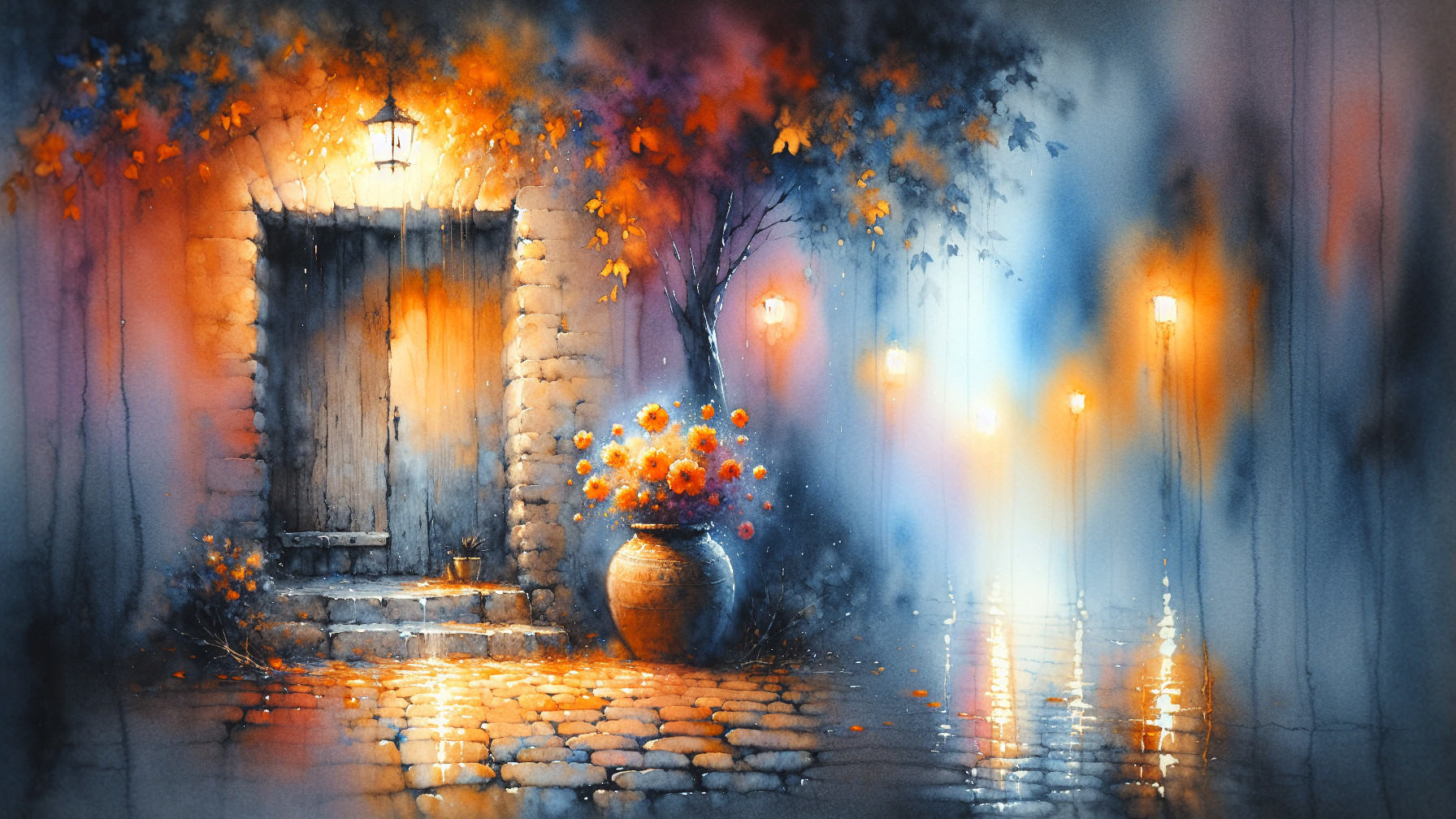 Misty Autumn Scene with Stone Door and Lantern Light
