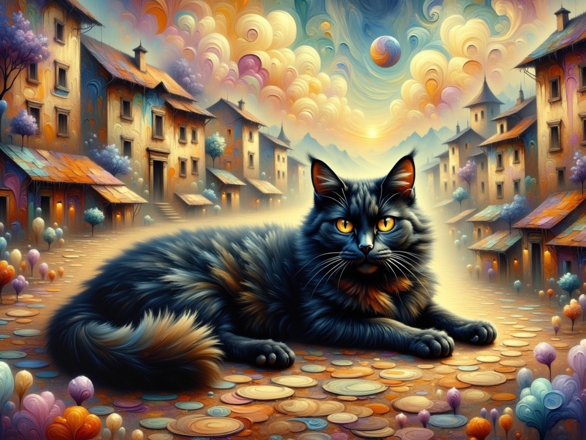 Majestic Black Cat in Whimsical Colorful Town Scene