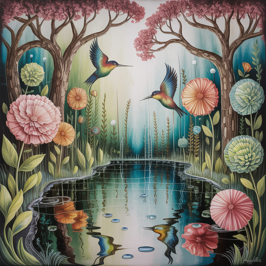 Vibrant Landscape with Hummingbirds and Tranquil Pond