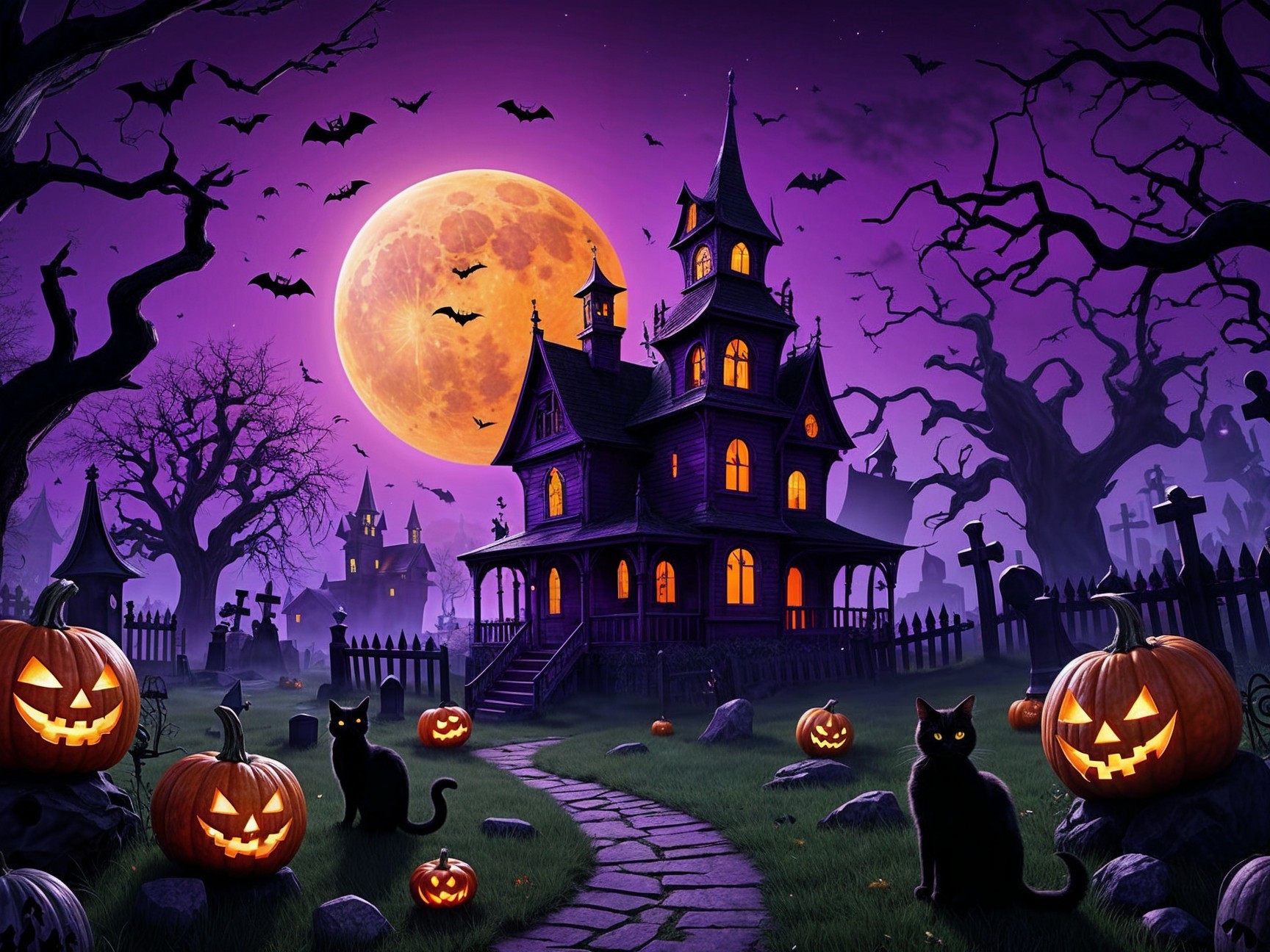 Halloween Scene with Mansion, Moon, and Pumpkins