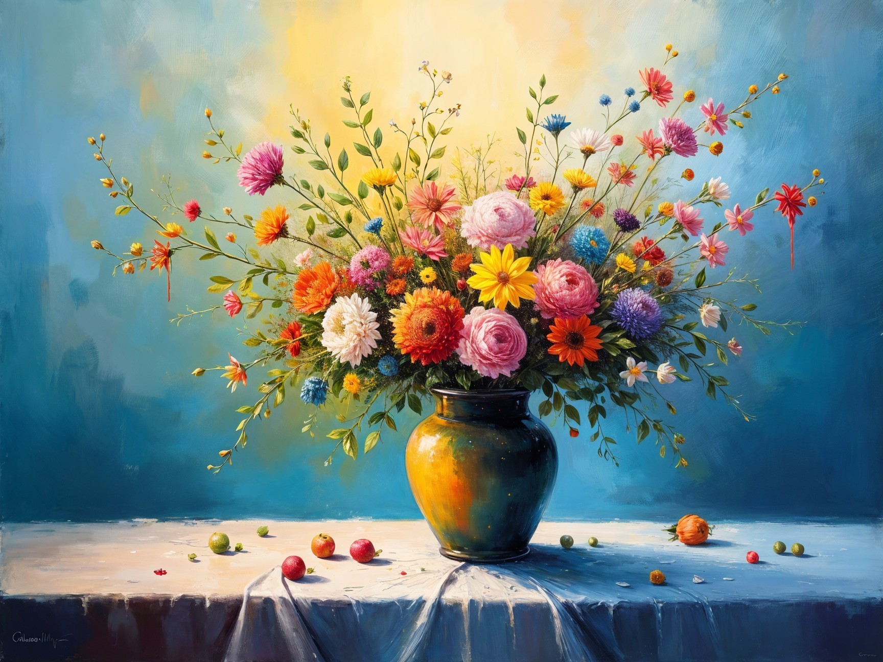 Vibrant Flower Bouquet in Rustic Vase with Fruits