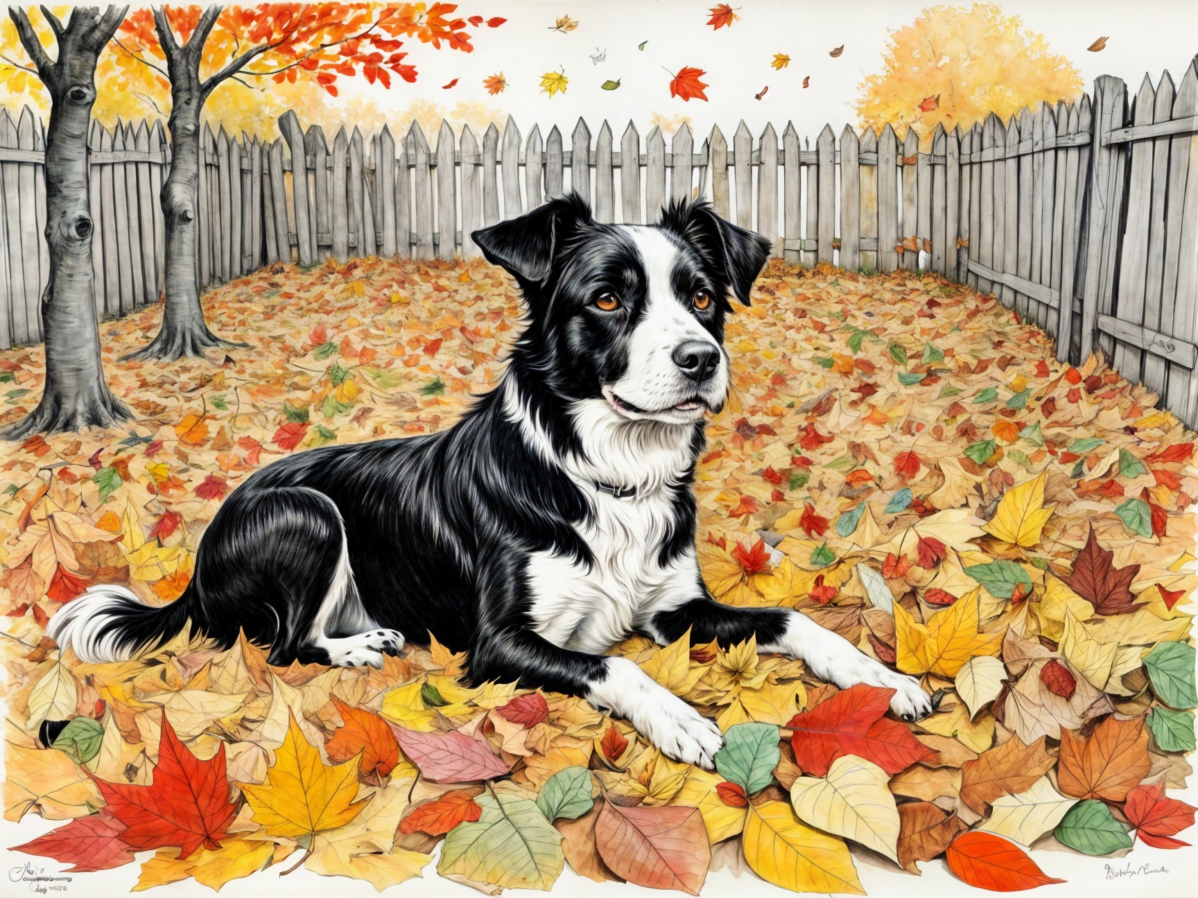 Black and white dog resting in autumn leaves