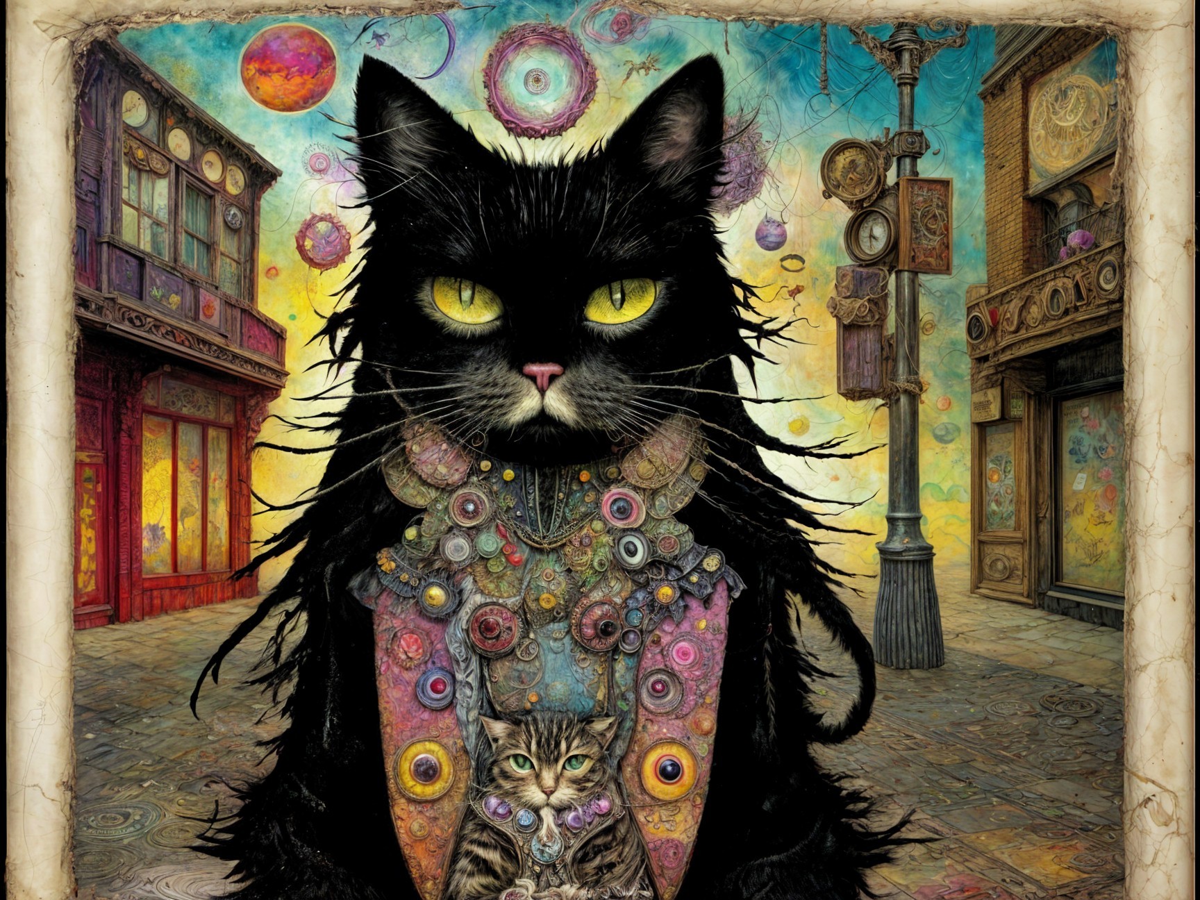 Majestic Black Cat with Tabby in Abstract Setting