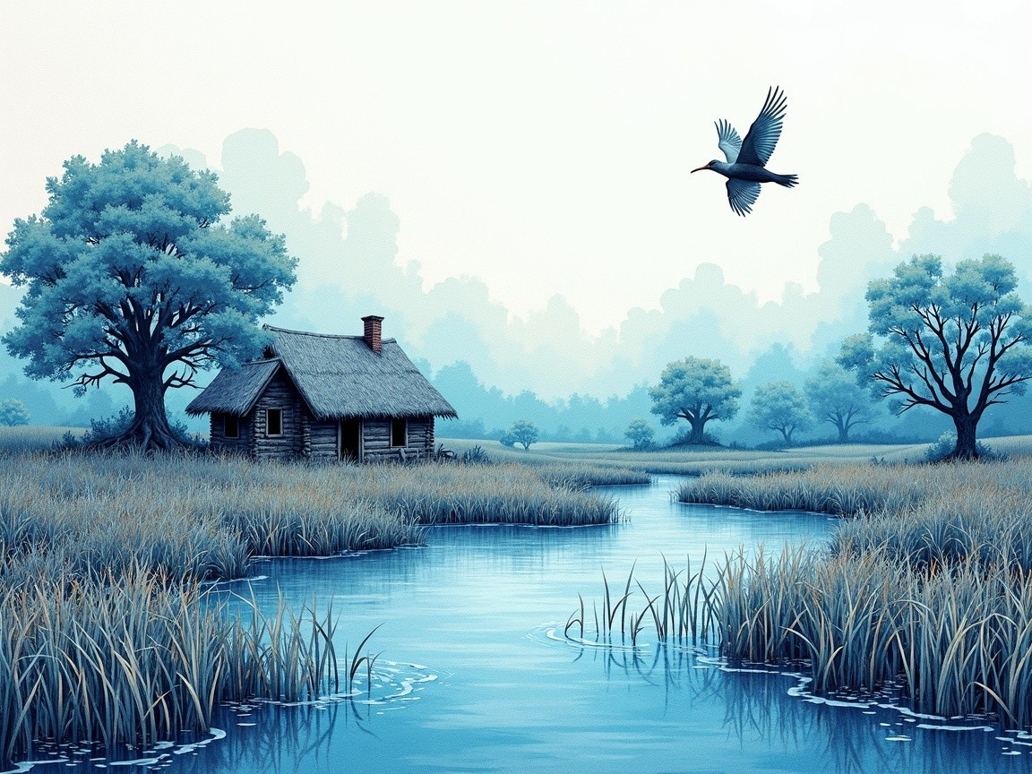 Serene Landscape with Thatched-Roof Cabin by River